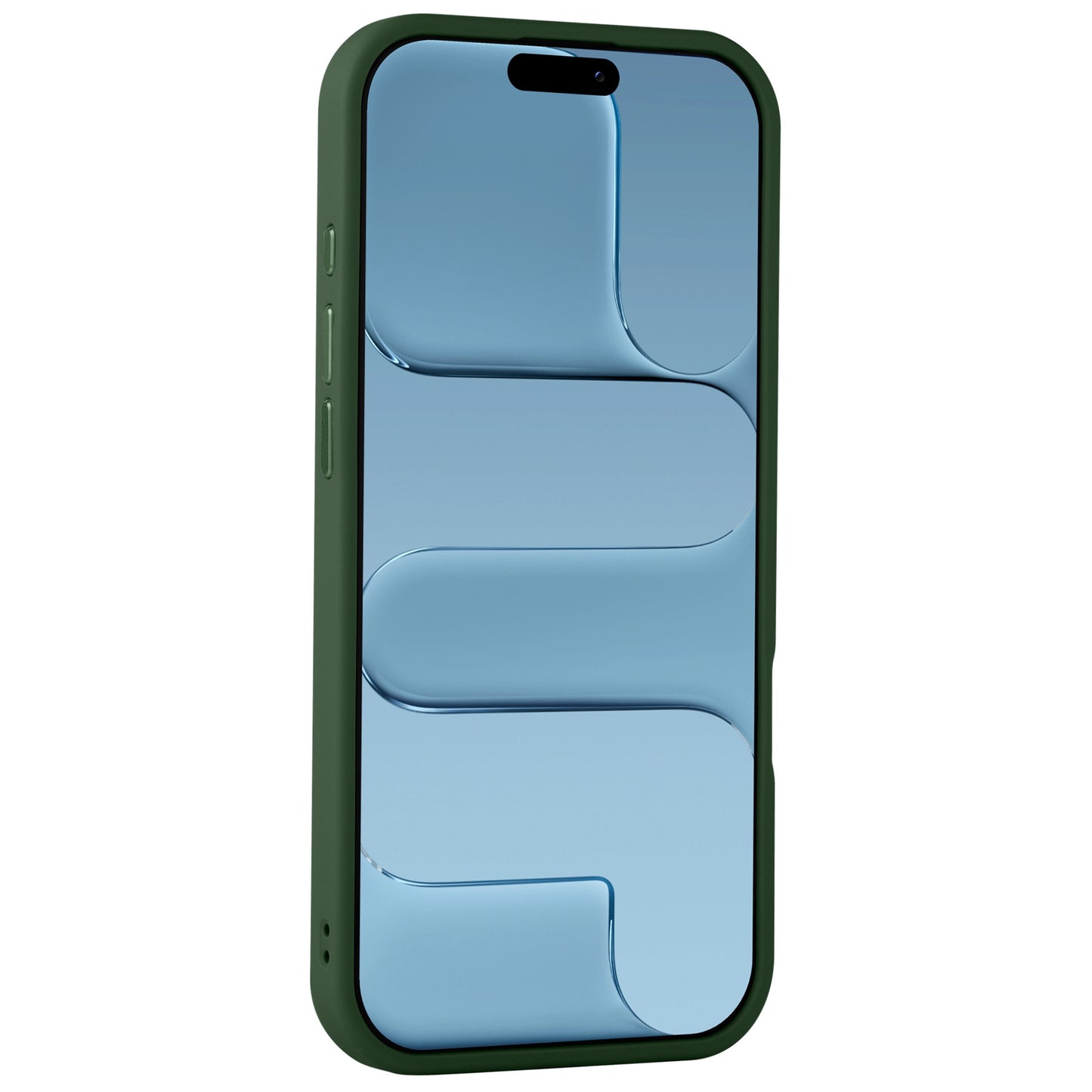 Ein Smartphone in einem arktis iPhone Air Solid Case von Arktis aus mattgrünem Polycarbonat wird von vorne mit einem blauen, abstrakten Muster auf dem Display gezeigt.