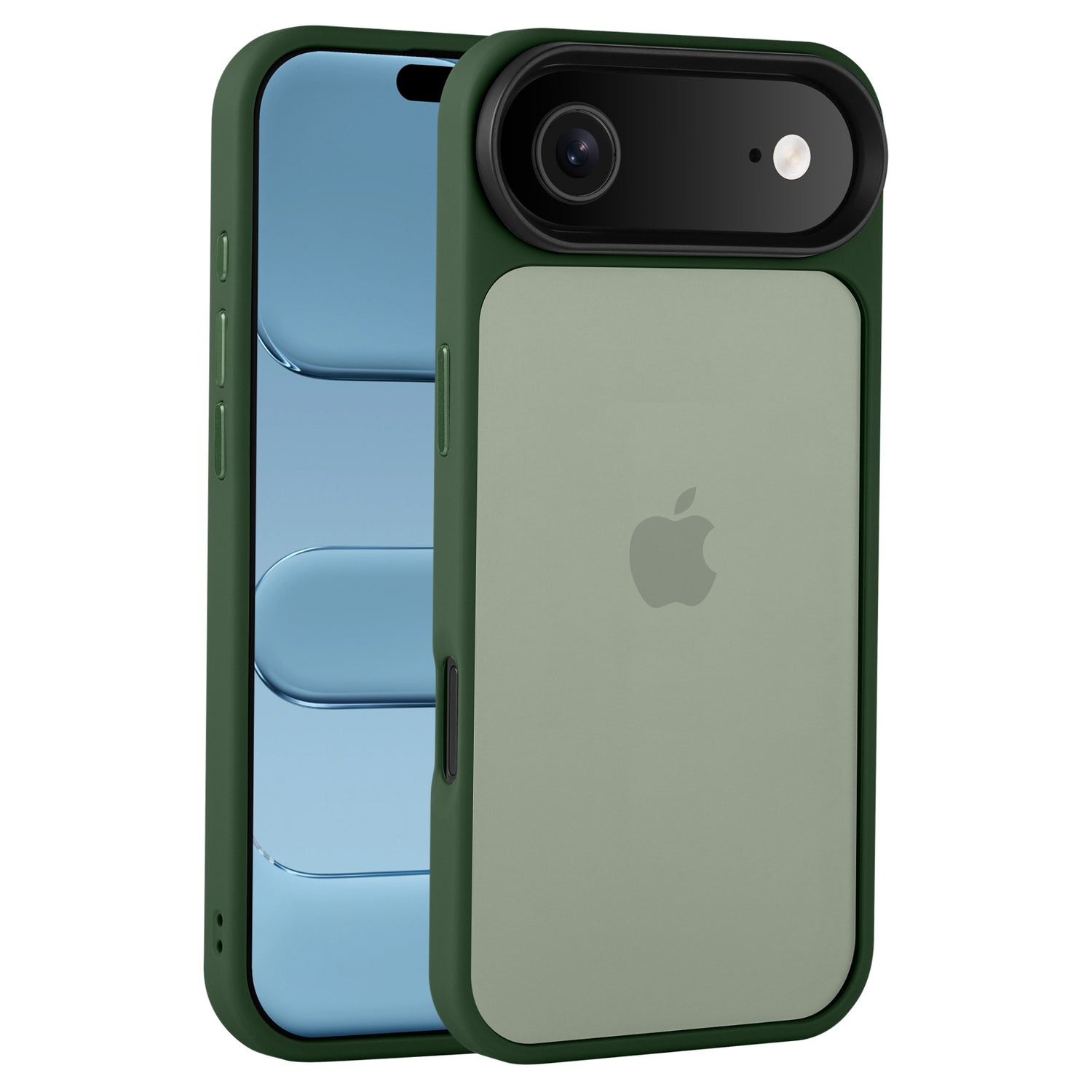 Das arktis iPhone Air Solid Case von Arktis aus stoßabsorbierendem TPU-Silikon ist in Grün auf einem blauen iPhone abgebildet. Es verfügt über eine markante Kameraabdeckung und zeigt das Apple-Logo.