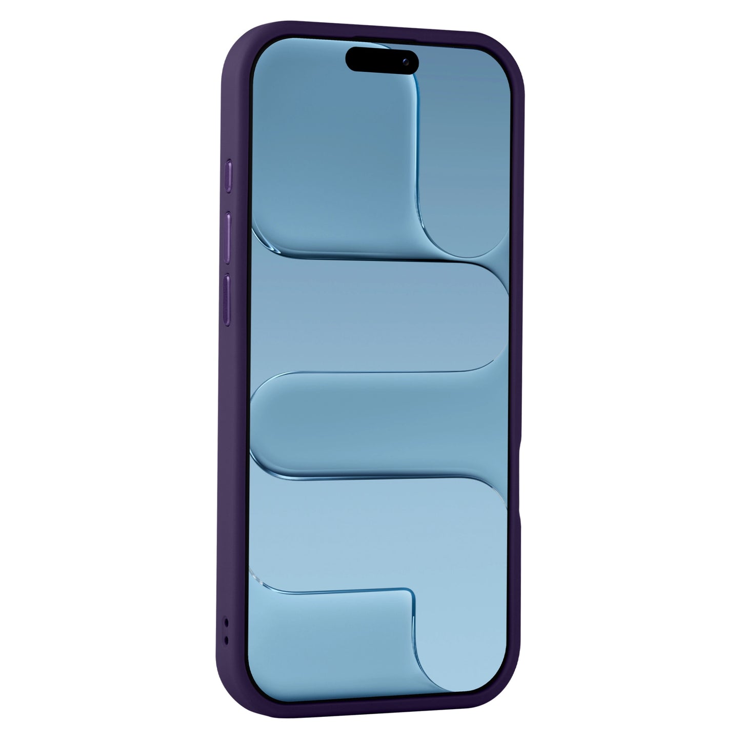 Ein iPhone mit einem dunkelvioletten Arktis iPhone Air Solid Case mit MagSafe von Arktis und einem Bildschirm mit einem blauen abstrakten geometrischen Muster.