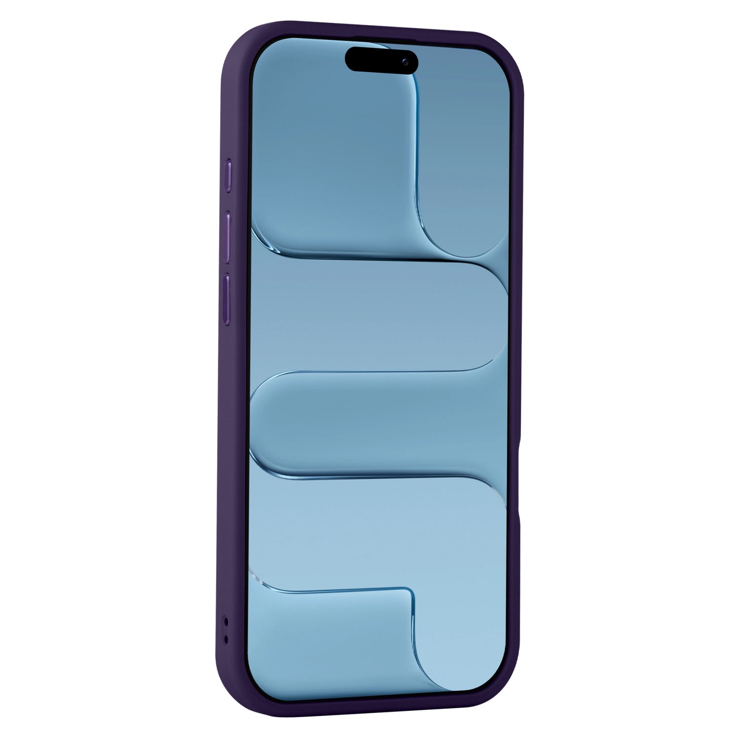 Ein iPhone mit einem dunkelvioletten Arktis iPhone Air Solid Case mit MagSafe von Arktis und einem Bildschirm mit einem blauen abstrakten geometrischen Muster.