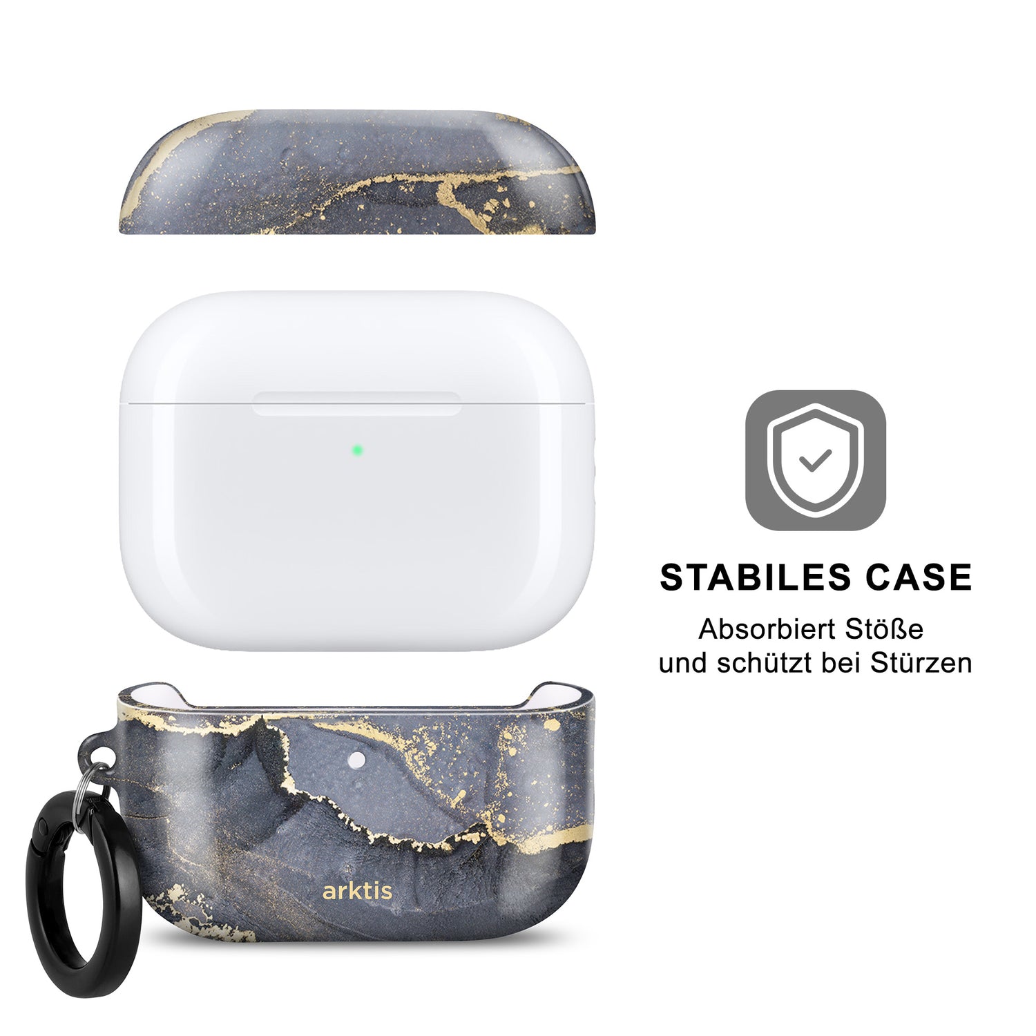 Die arktis AirPods Pro 3 Hülle – Dusty Marble bietet stoßdämpfenden Schutz, unterstützt kabelloses Laden, enthält einen Schlüsselring und ist mit deutschen Beschriftungen für Ihre AirPods Pro 3 Hülle versehen.