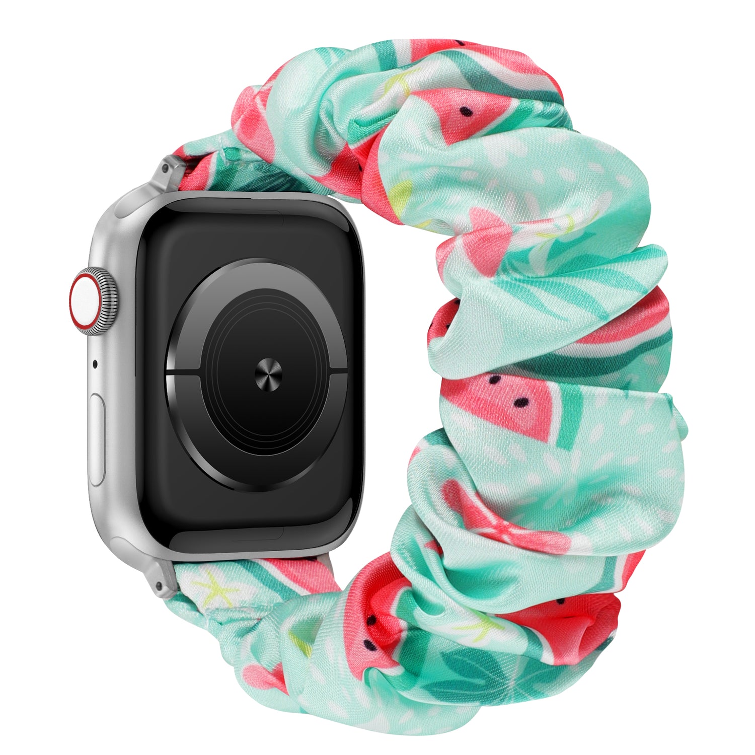 Das arktisband Apple Watch Armband "Elanora" von arktisband ist ein pastellfarbenes Band aus dehnbarem Nylon mit rosa und grünen Blumenmustern im Scrunchie-Stil.