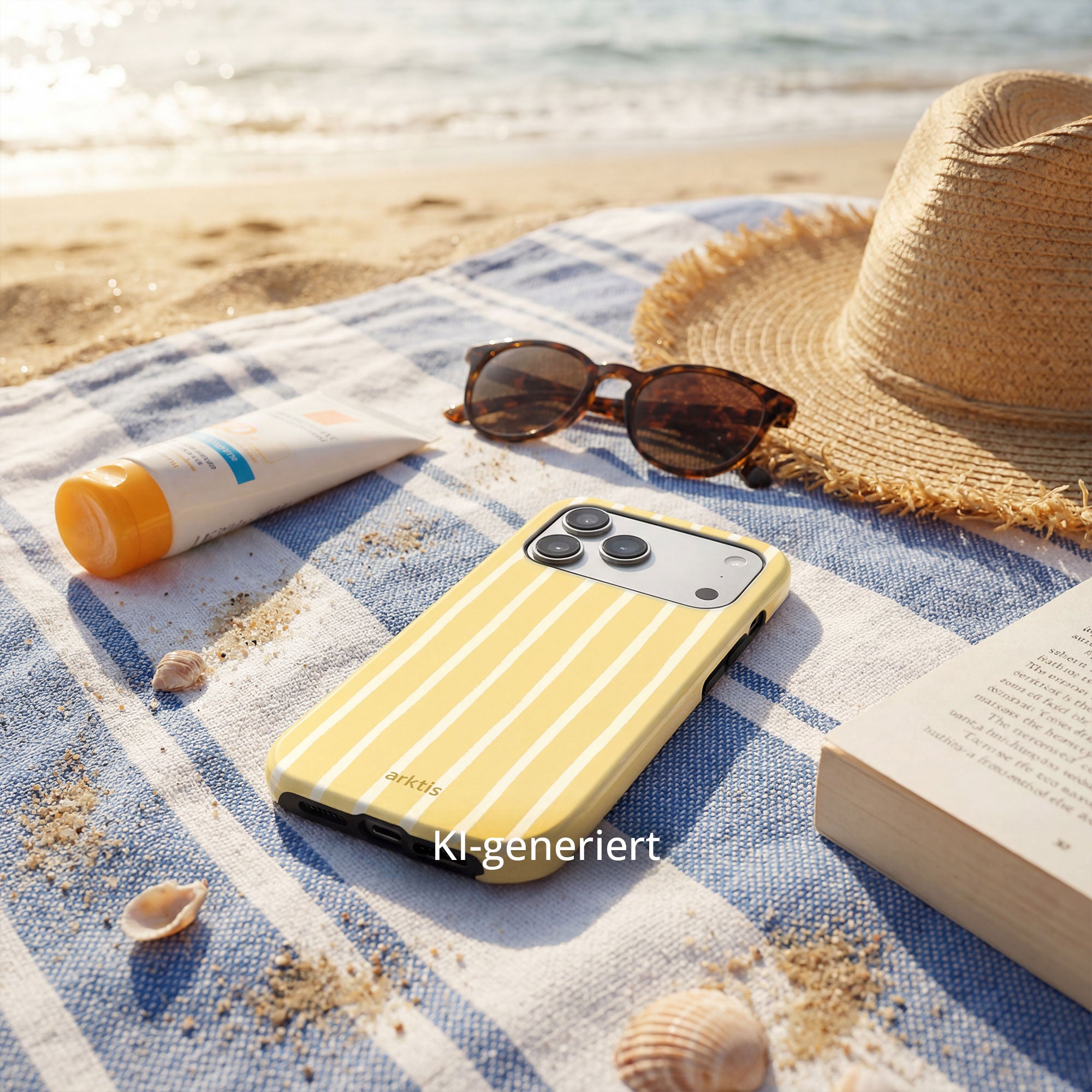 Gelb-weiß gestreifte iPhone Hülle auf einem Handtuch am Strand. KI-generiert.