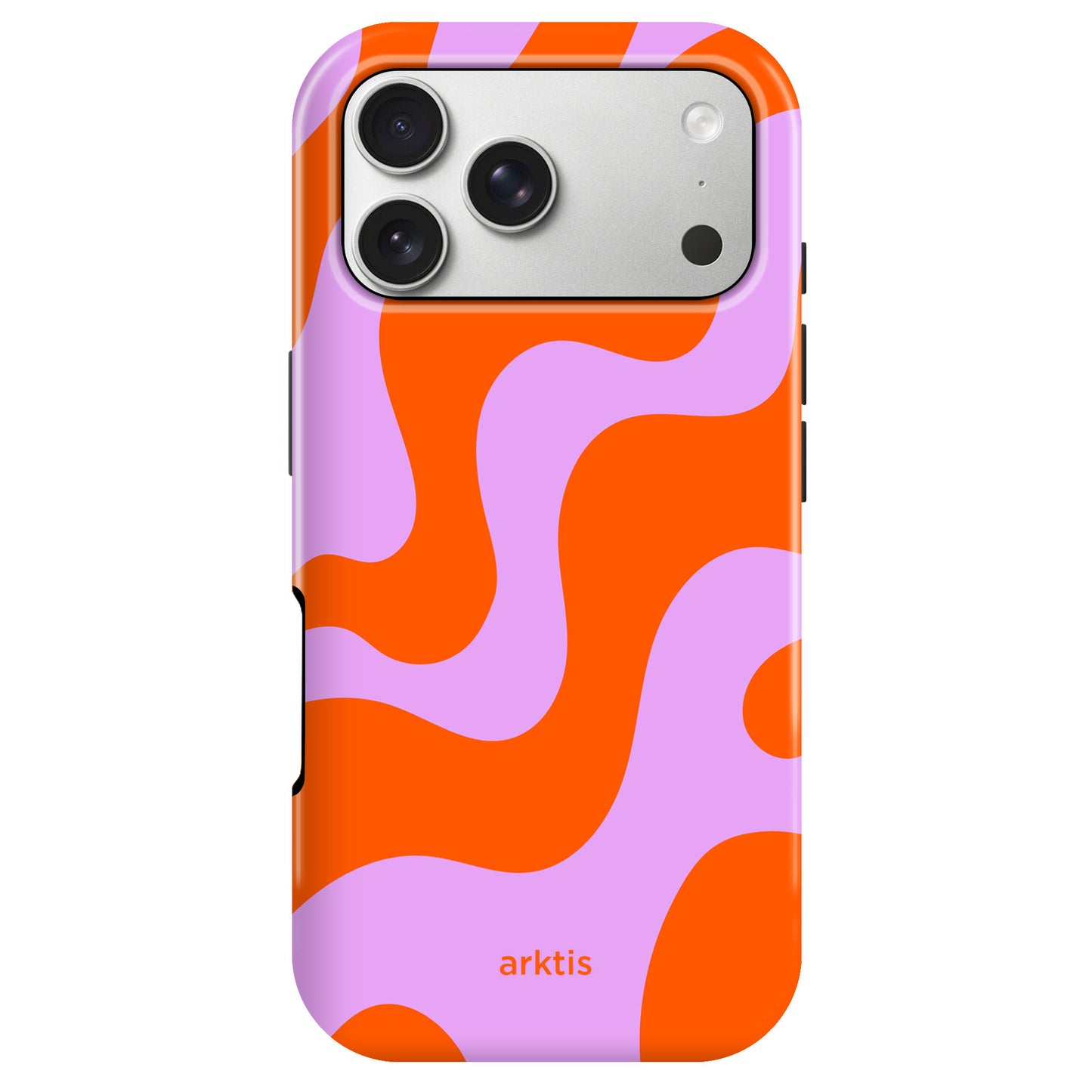 Die arktis iPhone 17 Pro Hülle - Knokke Queen zeichnet sich durch MagSafe-Kompatibilität, wellenförmige orange-rosa Muster, stoßabsorbierendes TPU-Silikon und das arktis-Logo am unteren Rand aus.