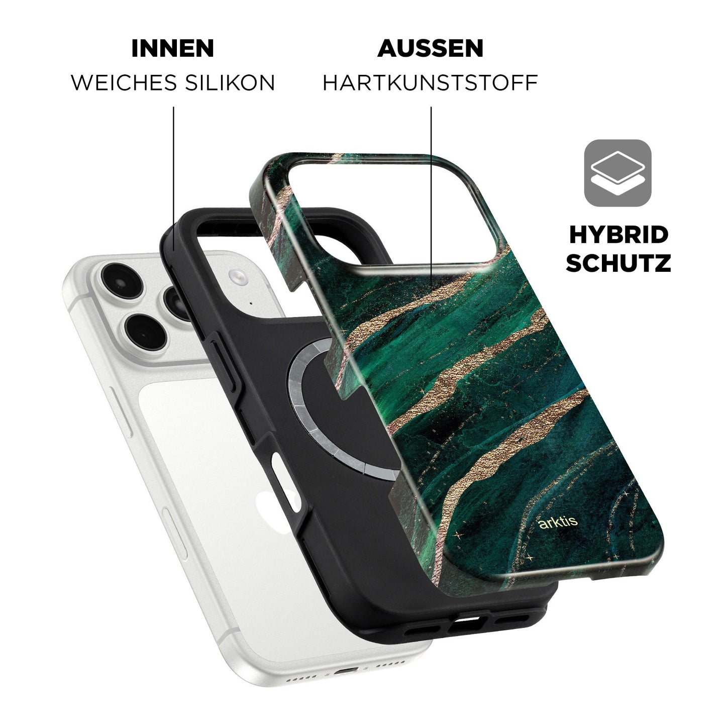 Explosionszeichnung der arktis iPhone 17 Pro Max Hülle - Green Marble, mit stoßabsorbierendem TPU-Silikon innen, Hartplastikschutz außen und MagSafe-Kompatibilität.