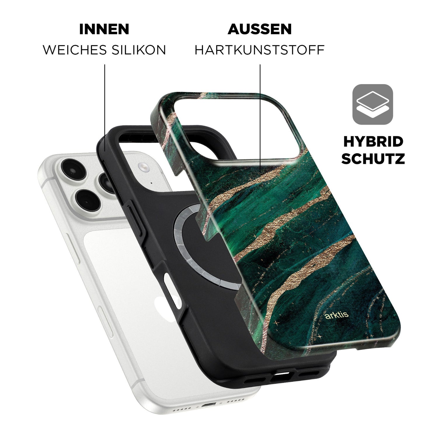 Explosionszeichnung der arktis iPhone 17 Pro Max Hülle - Green Marble, mit stoßabsorbierendem TPU-Silikon innen, Hartplastikschutz außen und MagSafe-Kompatibilität.
