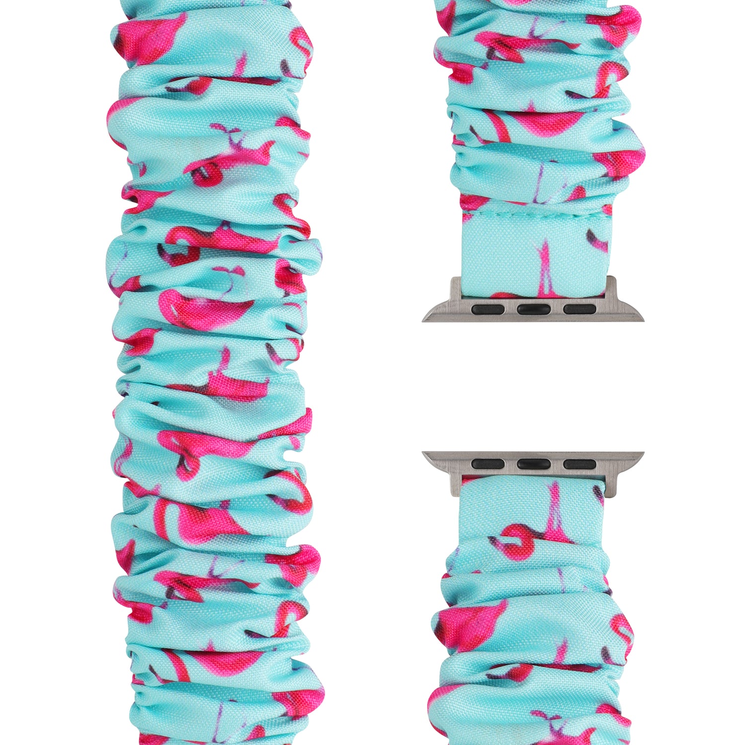Das arktisband Apple Watch Armband "Elanora" ist ein elastisches Nylonband im Scrunchie-Stil mit blauem Hintergrund und rosa Flamingos, das aus verschiedenen Blickwinkeln gezeigt wird.