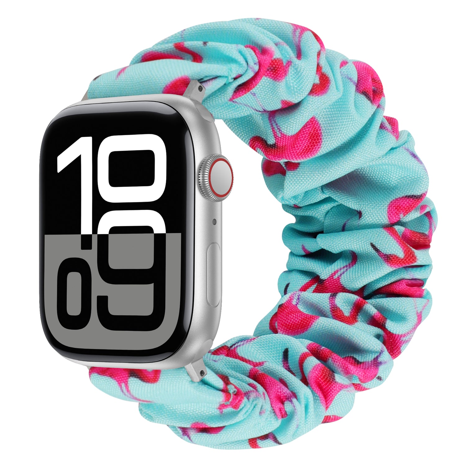 Das arktisband Apple Watch Scrunchie Armband "Elanora" zeigt ein blaues und rosa Blumenmuster, hier auf einer Smartwatch, die die Zeit 10:09 anzeigt.