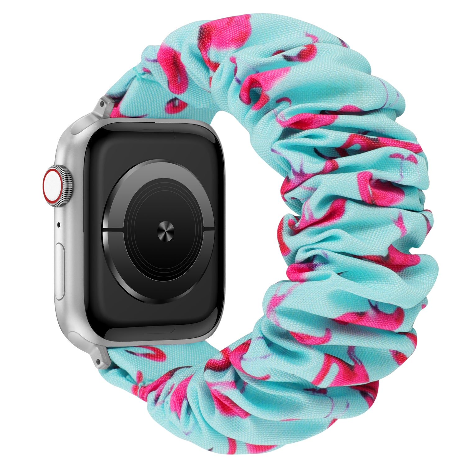 Das arktisband Apple Watch Armband "Elanora" zeigt eine silberne Smartwatch mit einem blauen und rosafarbenen elastischen Nylonband im Scrunchie-Stil, isoliert auf weiß - ideal als Apple Watch Armband von arktisband.