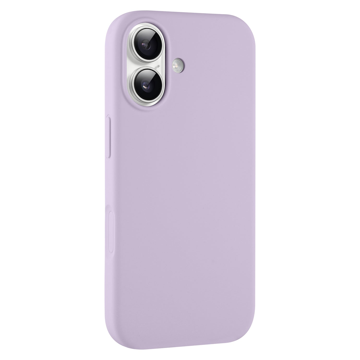 Das arktis iPhone 17 Silikon Case in Hellviolett verfügt über präzise Kamera- und Blitzausschnitte, unterstützt kabelloses Aufladen und wird von hinten schräg dargestellt.
