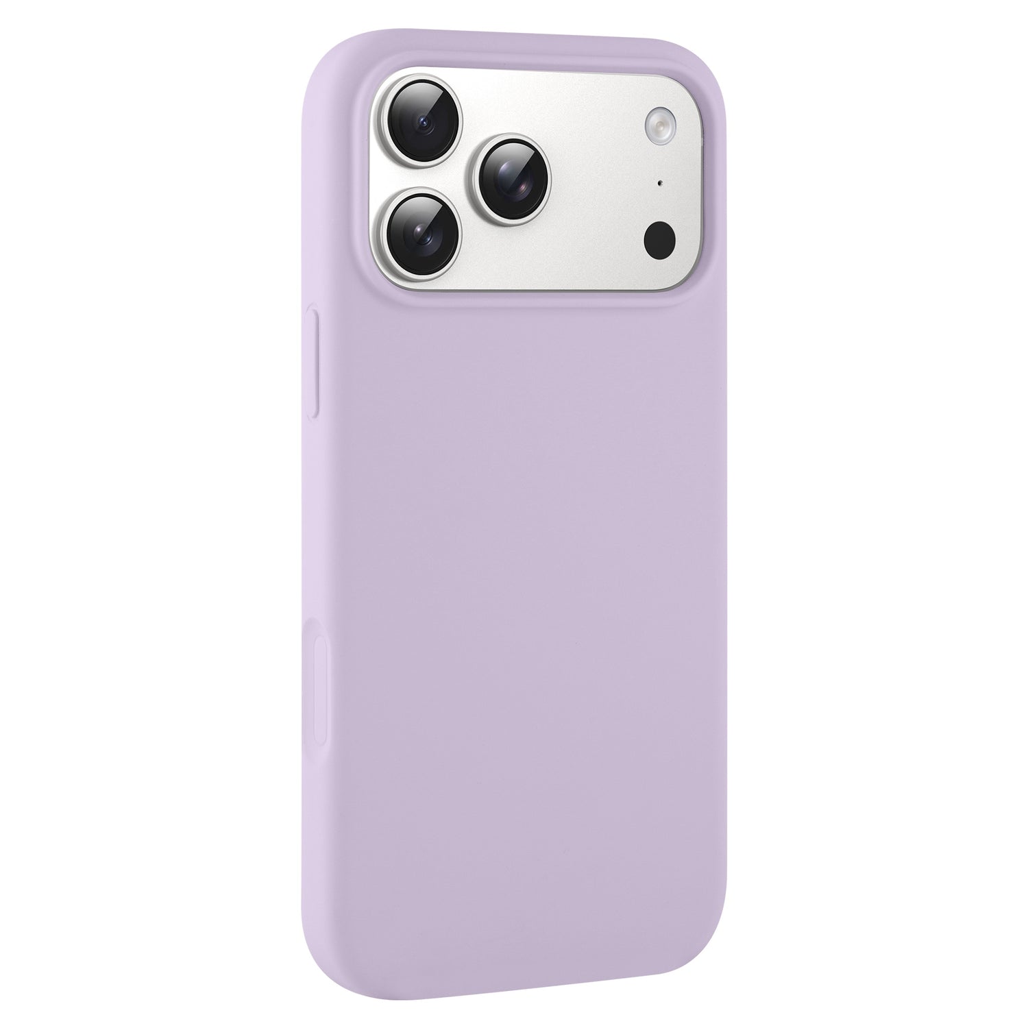 Das arktis iPhone 17 Pro mit lavendelfarbenem arktis Silikon Case und Dreilinsenkamera mit kabelloser Ladefunktion ist auf weißem Hintergrund abgebildet.