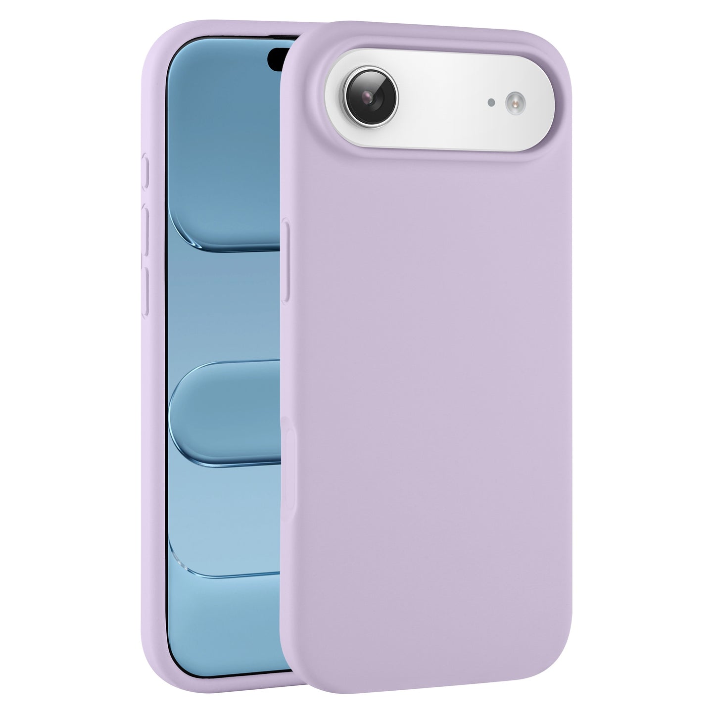 Eine arktis iPhone Air Silikonhülle in Lavendel, abgebildet auf einem Smartphone, bei dem sowohl der vordere Bildschirm als auch die hintere Kamera sichtbar sind, ist kompatibel mit kabelloses Laden.