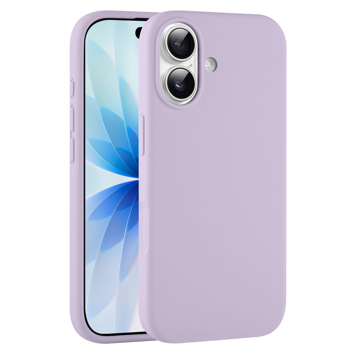 Das arktis iPhone 17 Silikon Case in Lila, abgebildet auf einem Telefon mit blauem Blumendesign auf dem Bildschirm, unterstützt kabelloses Laden für einfaches Aufladen.