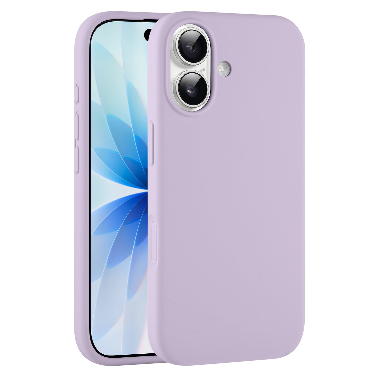Das arktis iPhone 17 Silikon Case in Lila, abgebildet auf einem Telefon mit blauem Blumendesign auf dem Bildschirm, unterstützt kabelloses Laden für einfaches Aufladen.