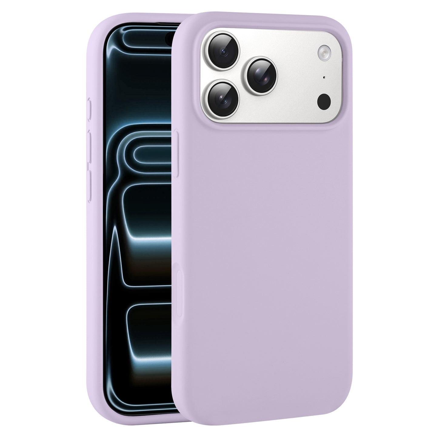 Das arktis iPhone 17 Pro Silikon Case in Hellviolett, kompatibel mit kabelloses Laden, wird auf einem Smartphone gezeigt, das sowohl seinen Bildschirm als auch die rückwärtige Kamera mit drei Linsen zeigt.