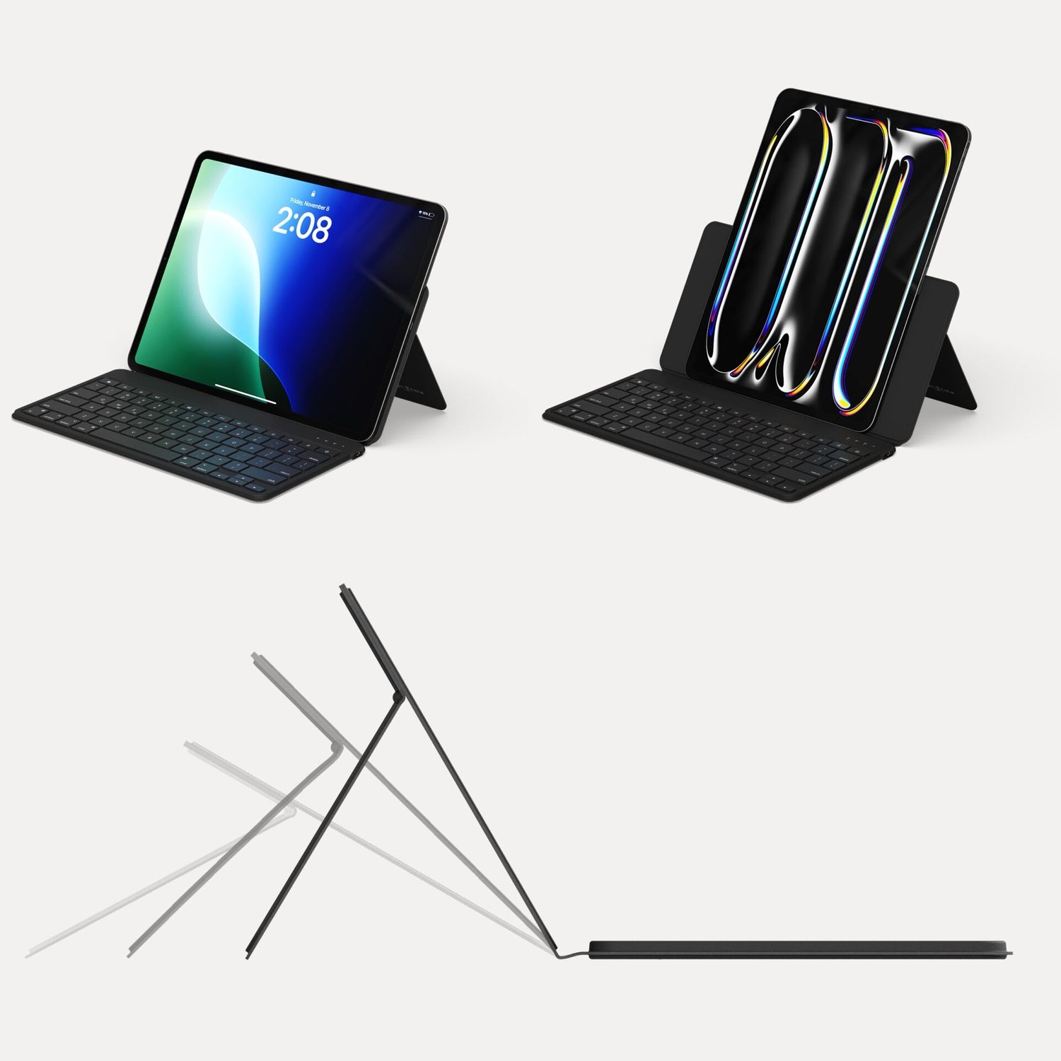 Zwei Satechi OntheGo Bluetooth Keyboard mit Ständer Sets gezeigt; unten, ein Diagramm zeigt verstellbare Standwinkel-ideal für die Arbeit mit Ihrem MagSafe kompatibel kabelloses Ladegerät Auto.