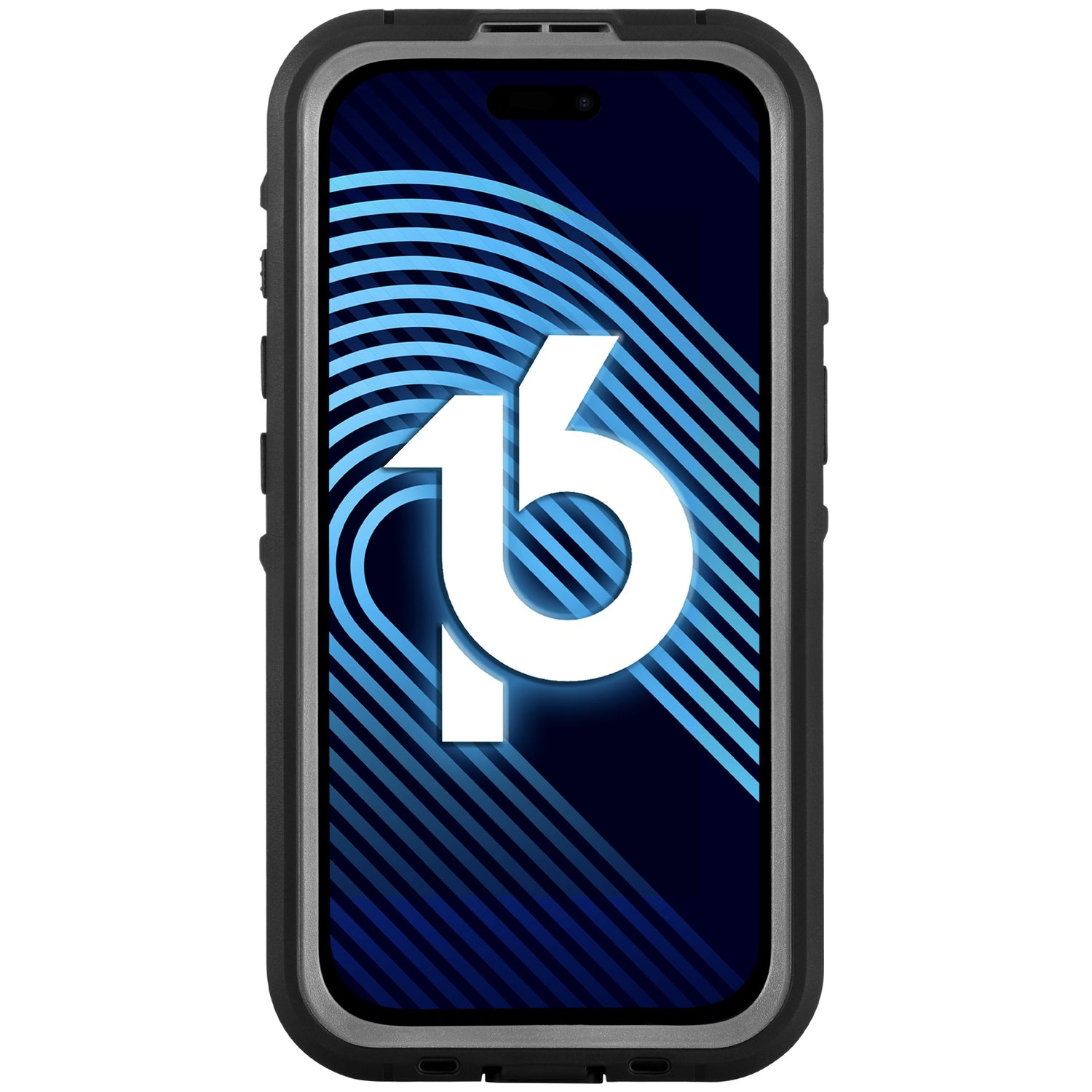 Das arktis iPhone 16 Wasserdichtes Actioncase von arktis ist eine robuste schwarze Hülle – staubdicht, wasserdicht und stoßfest – abgebildet auf einem iPhone 16 mit einer stilisierten „16“ auf dem blau gemusterten Display.