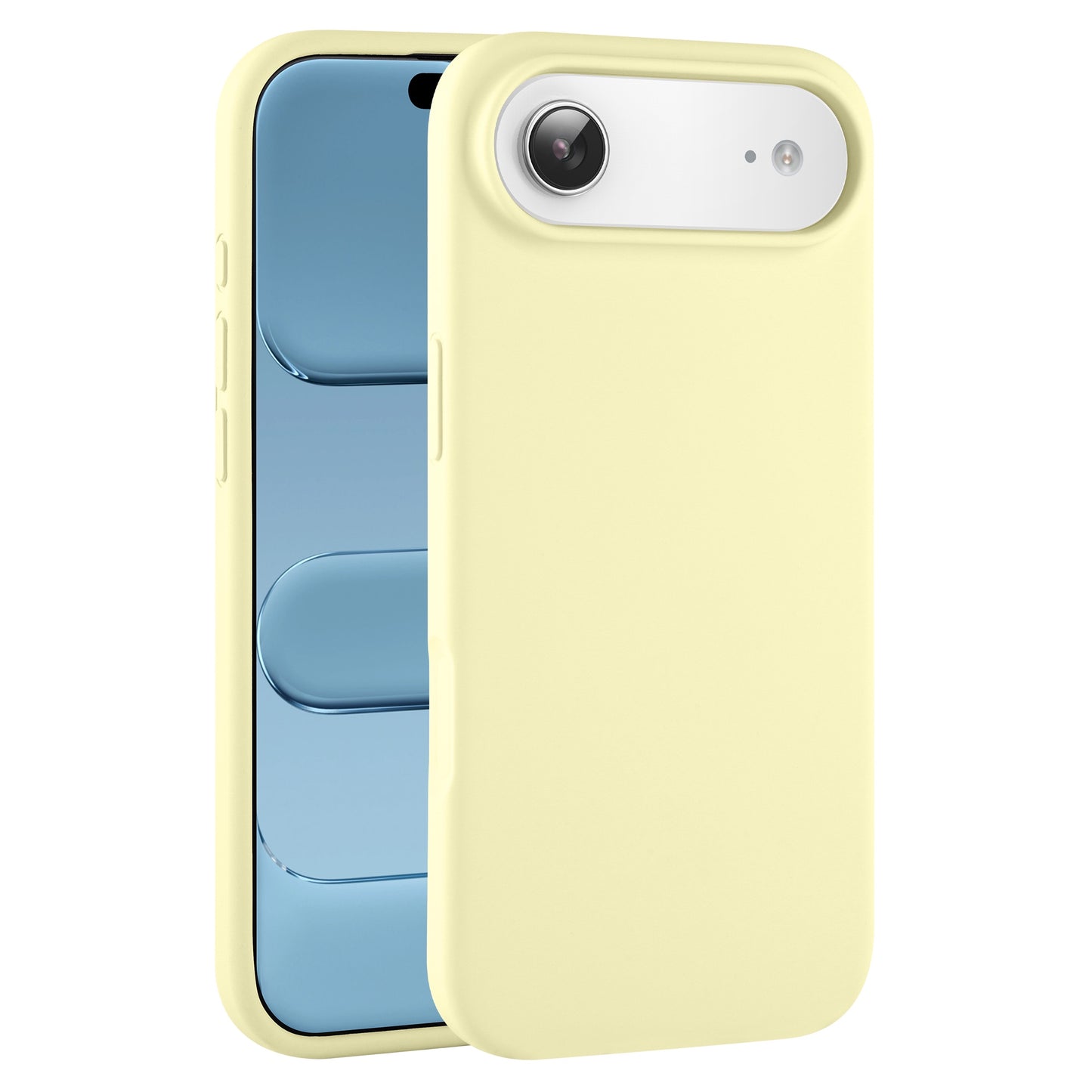 Eine gelbe arktis iPhone Air Silikonhülle auf einem iPhone 17 Air mit blauem Display, dargestellt von vorne und hinten. Bietet kabellose Ladekompatibilität und täglichen Schutz.