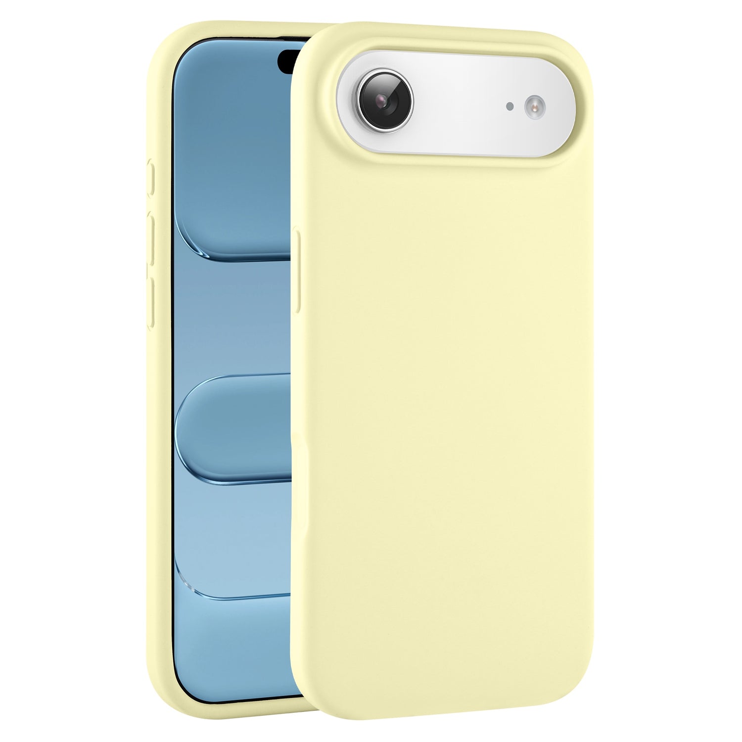 Eine gelbe arktis iPhone Air Silikonhülle auf einem iPhone 17 Air mit blauem Display, dargestellt von vorne und hinten. Bietet kabellose Ladekompatibilität und täglichen Schutz.