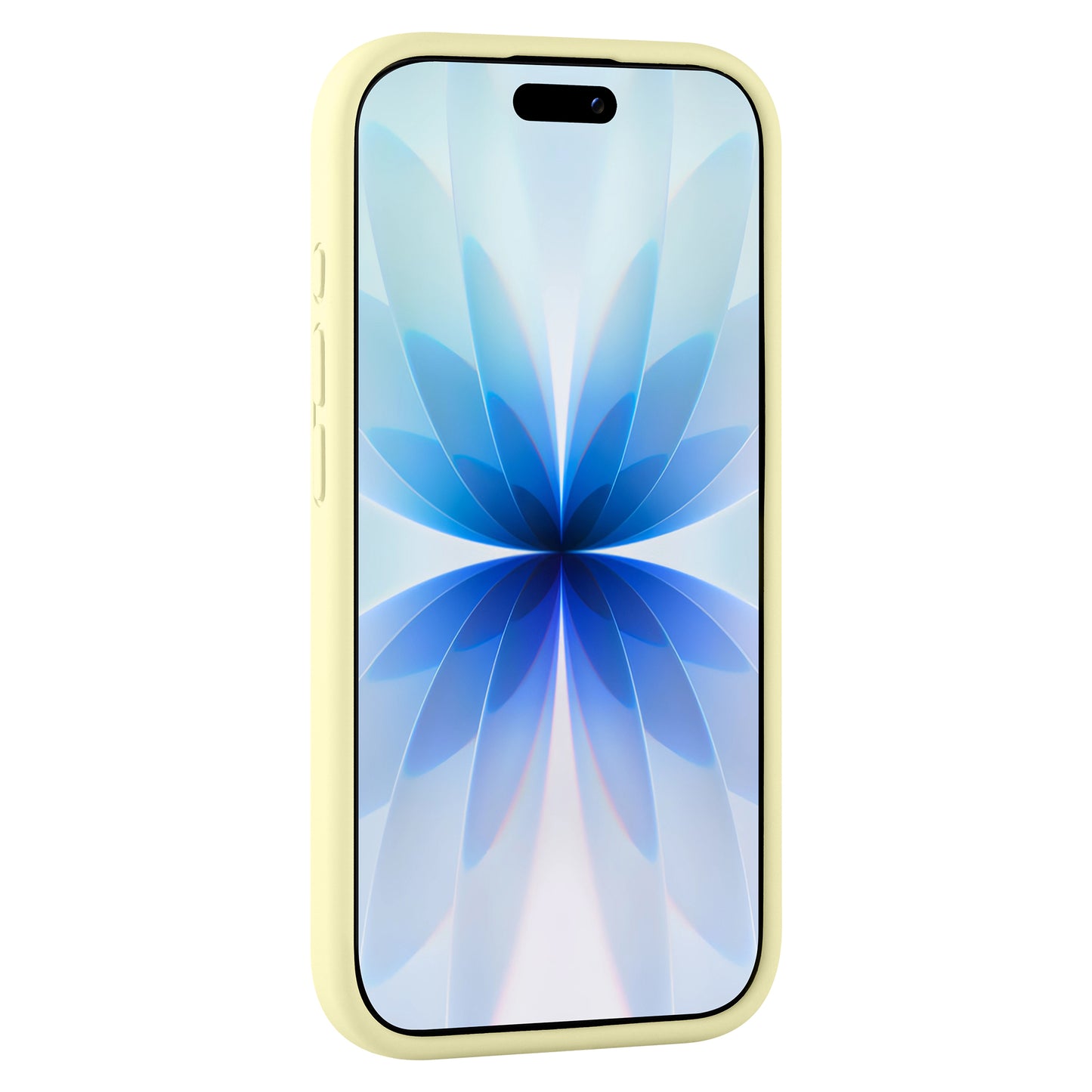 Das arktis iPhone 17 Silikon Case in Gelb schützt Ihr Smartphone, das ein blaues abstraktes Blumendesign auf dem Bildschirm aufweist und kabelloses Laden unterstützt.