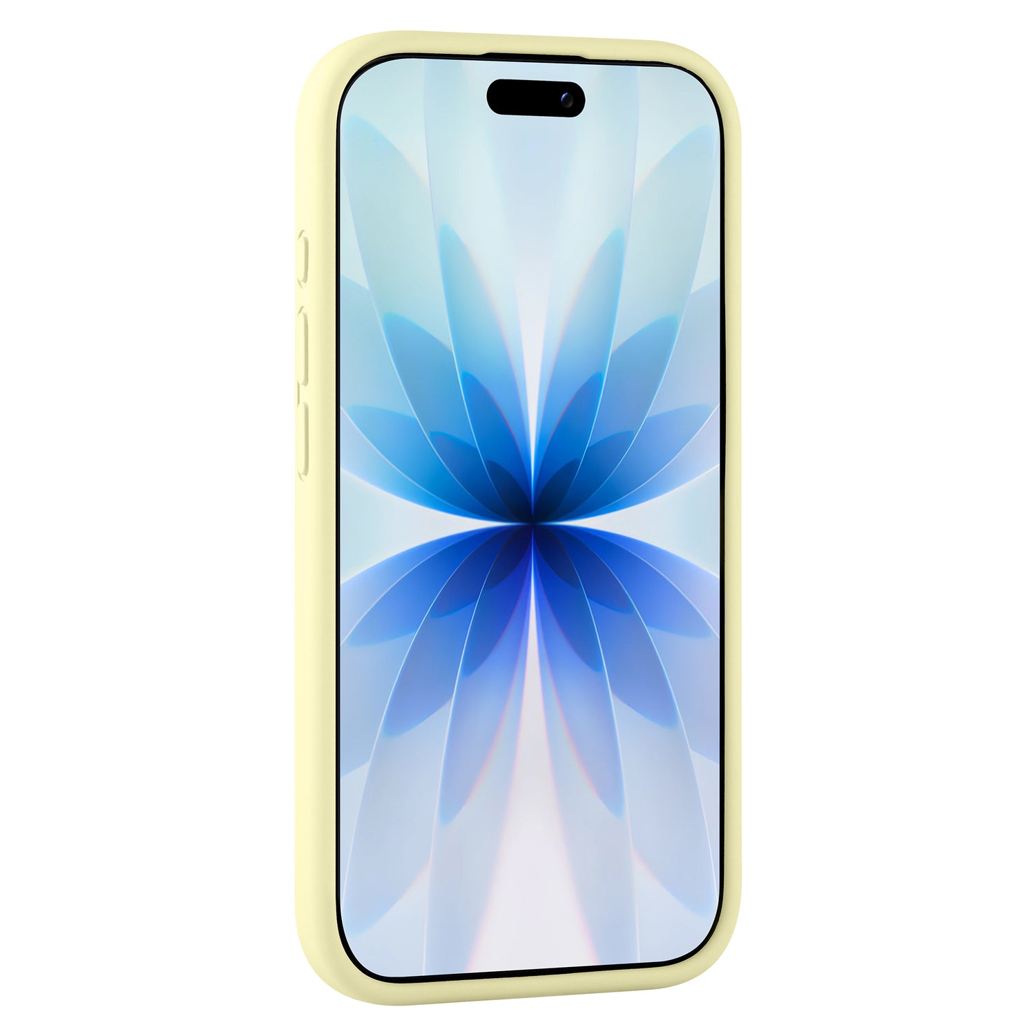 Das arktis iPhone 17 Silikon Case in Gelb schützt Ihr Smartphone, das ein blaues abstraktes Blumendesign auf dem Bildschirm aufweist und kabelloses Laden unterstützt.