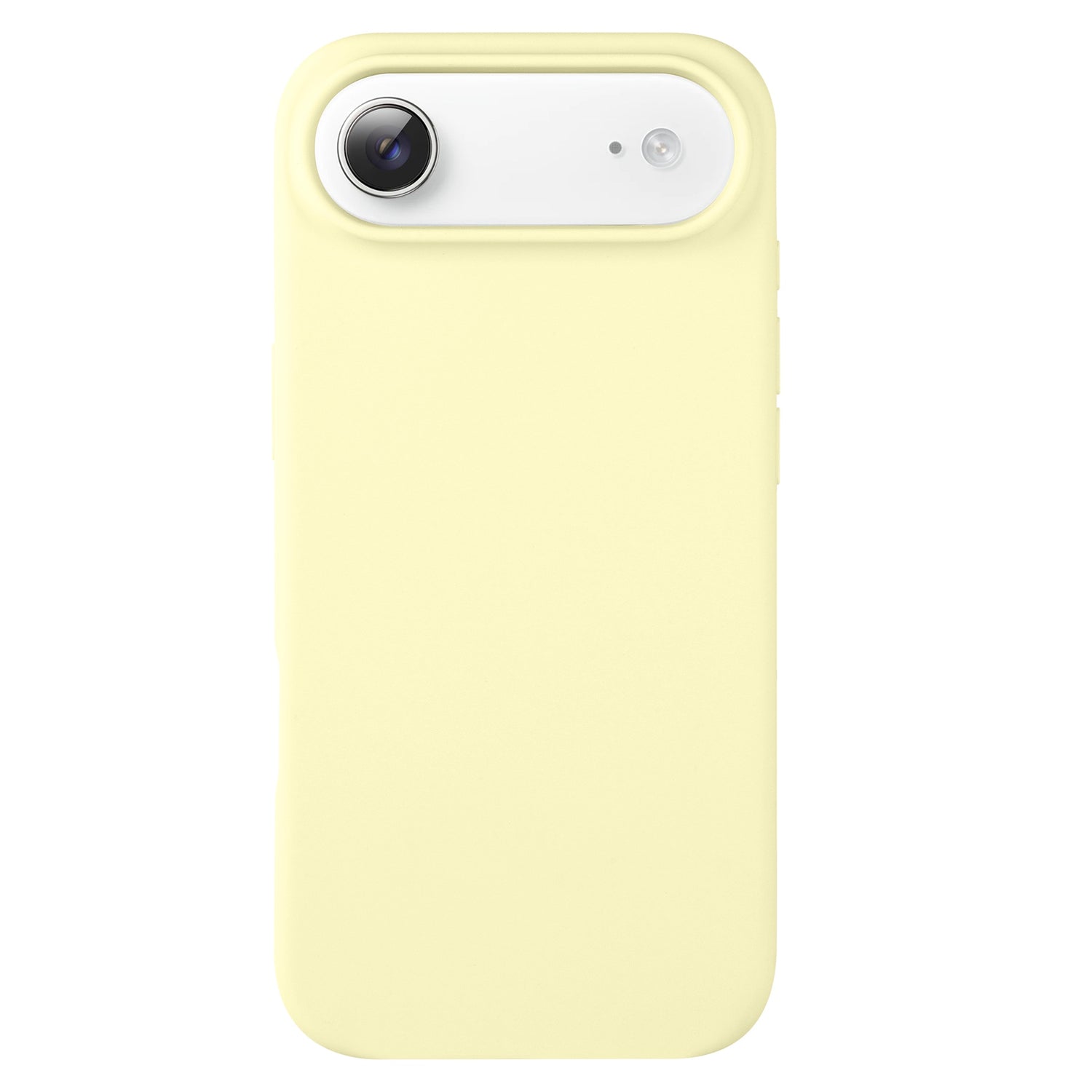 Eine gelbe arktis iPhone Air Silikon Case mit Kamera und Blitz Ausschnitte, kompatibel mit kabelloses Laden, ist von der Rückseite vor einem weißen Hintergrund gezeigt.