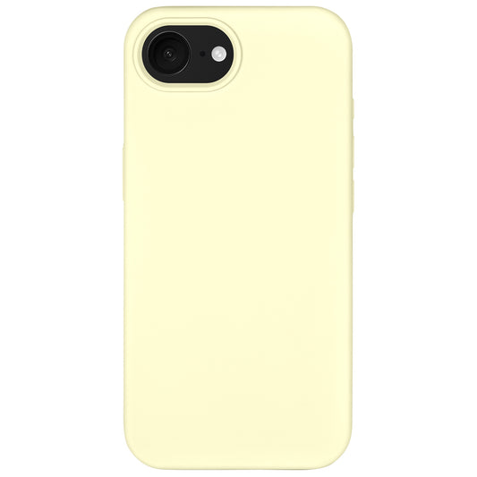 Die Arktis arktis iPhone 16e Silikonhülle in Hellgelb bedeckt die Rückseite des Telefons, verfügt über eine glatte, matte Oberfläche, abgerundete Kanten, bietet Platz für eine einzelne Rückkamera und unterstützt kabelloses Laden.