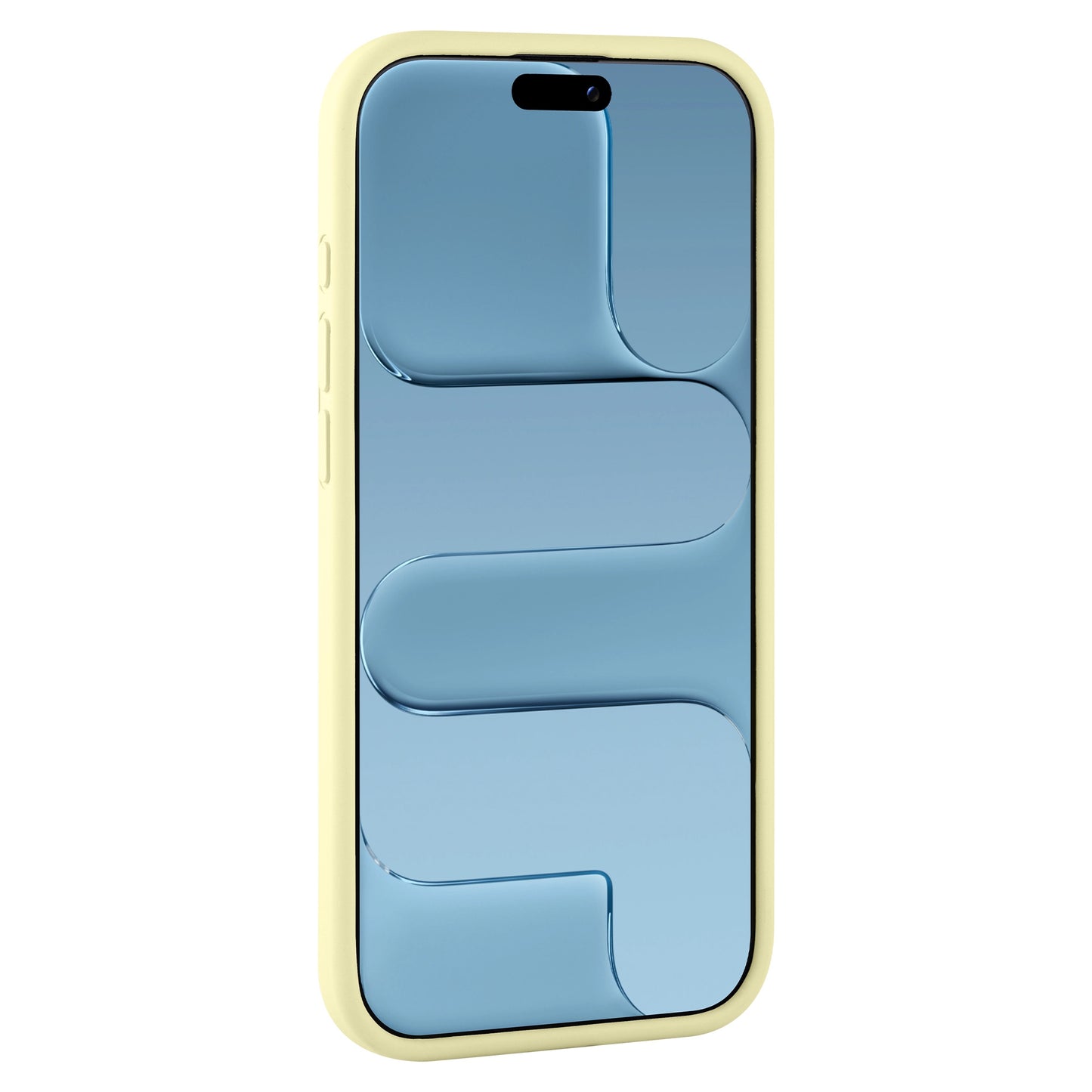Ein iPhone mit einer gelben arktis iPhone Air Silikonhülle und einem blauen abstrakten Bildschirmdesign, das in einem Winkel angezeigt wird - ideal für Stil und kabelloses Laden.