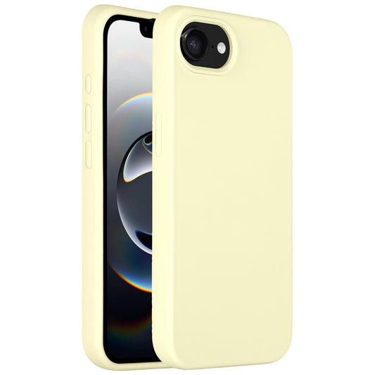 Das Arktis iPhone 16e Silikon Case in Hellgelb verfügt über ein schlankes Design, hält Bildschirm, Kamera, Tasten und Ladeanschluss zugänglich, unterstützt kabelloses Laden und zeigt das iPhone mit einem dunklen abstrakten Hintergrund auf seinem Display.