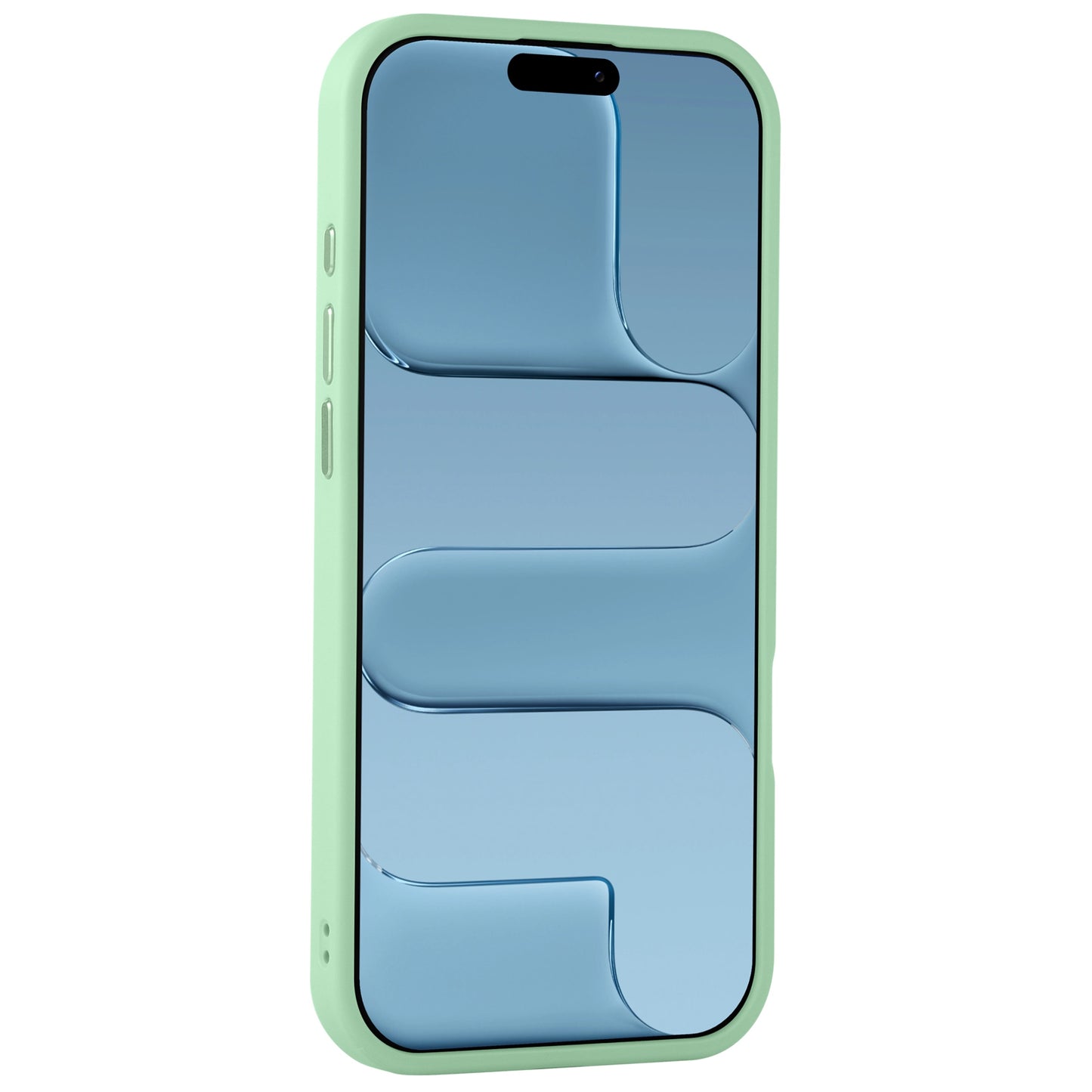Ein grünes Smartphone mit einem blauen abstrakten Muster auf dem Bildschirm, von vorne gesehen, geschützt durch das Arktis iPhone Air Solid Case aus stoßabsorbierendem TPU-Silikon.