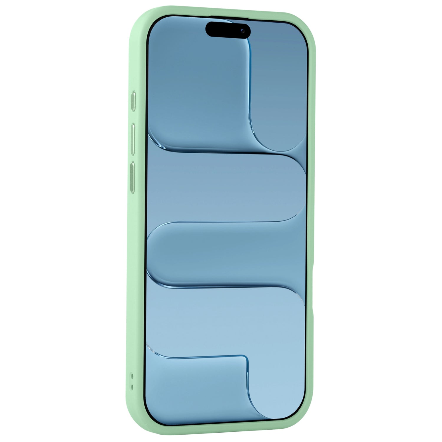 Ein grünes Smartphone mit einem blauen abstrakten Muster auf dem Bildschirm, von vorne gesehen, geschützt durch das Arktis iPhone Air Solid Case aus stoßabsorbierendem TPU-Silikon.