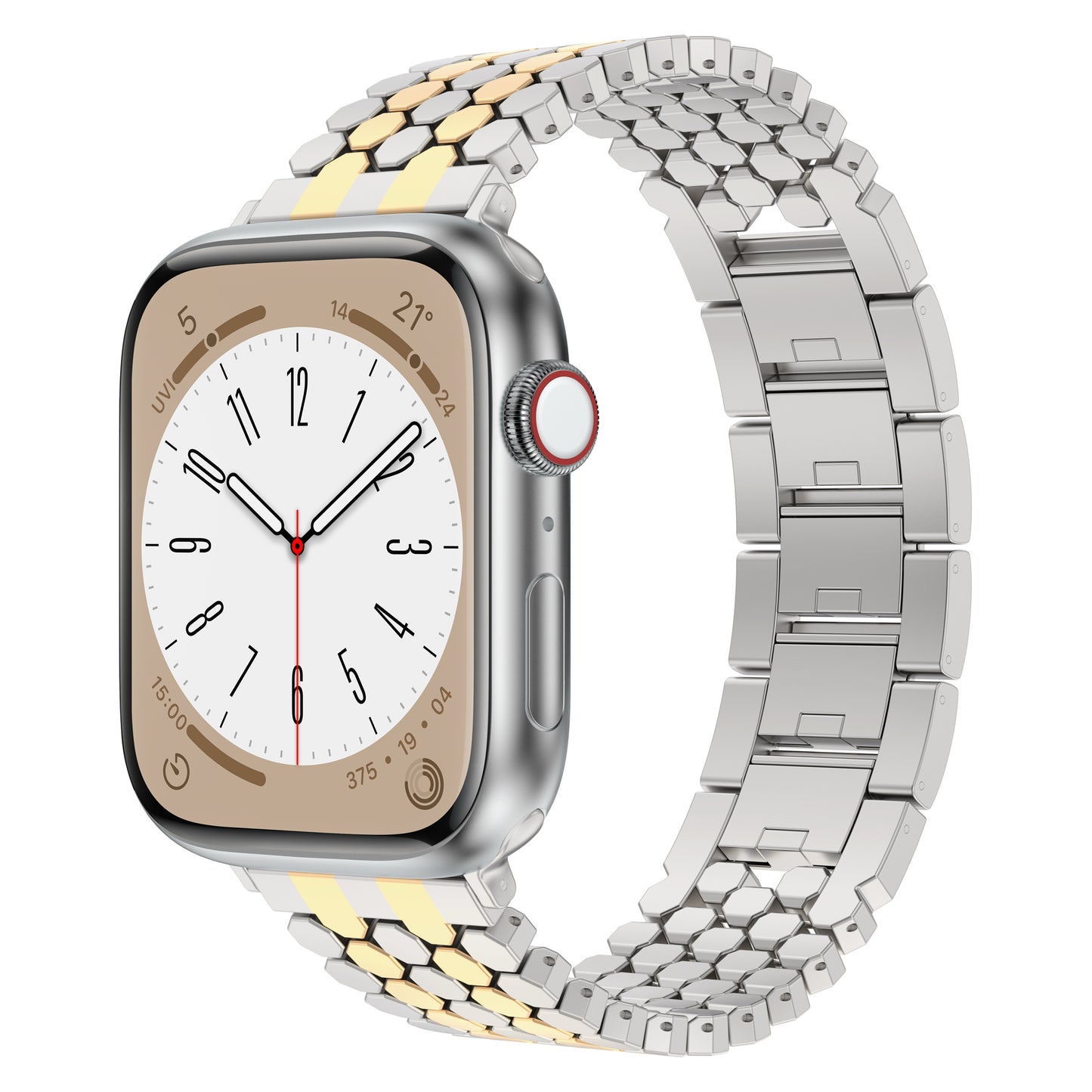 Das arktisband Apple Watch Edelstahl Armband "Polaris" in Silber und Gold verfügt über ein verstellbares Metallgliederband und zeigt eine Uhr im Analog-Stil auf dem Bildschirm an.