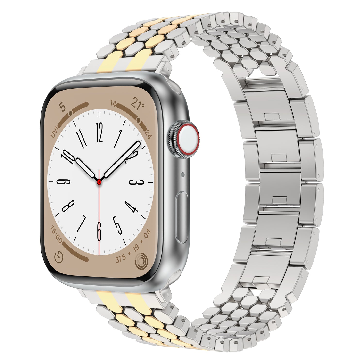 Das arktisband Apple Watch Edelstahl Armband "Polaris" in Silber und Gold verfügt über ein verstellbares Metallgliederband und zeigt eine Uhr im Analog-Stil auf dem Bildschirm an.