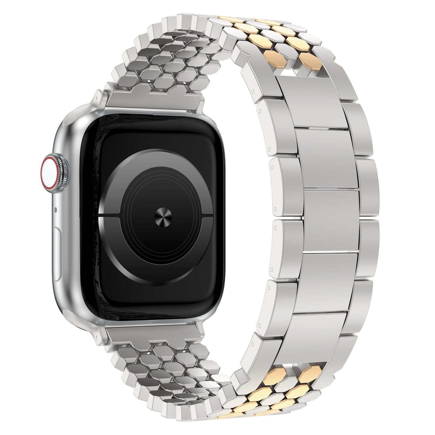 Das arktisband Apple Watch Edelstahl Armband "Polaris" von arktisband, in Silber und Gold, ist für eine perfekte Passform verstellbar und wird an einer Smartwatch mit schwarzem Bildschirm auf weißem Hintergrund befestigt.