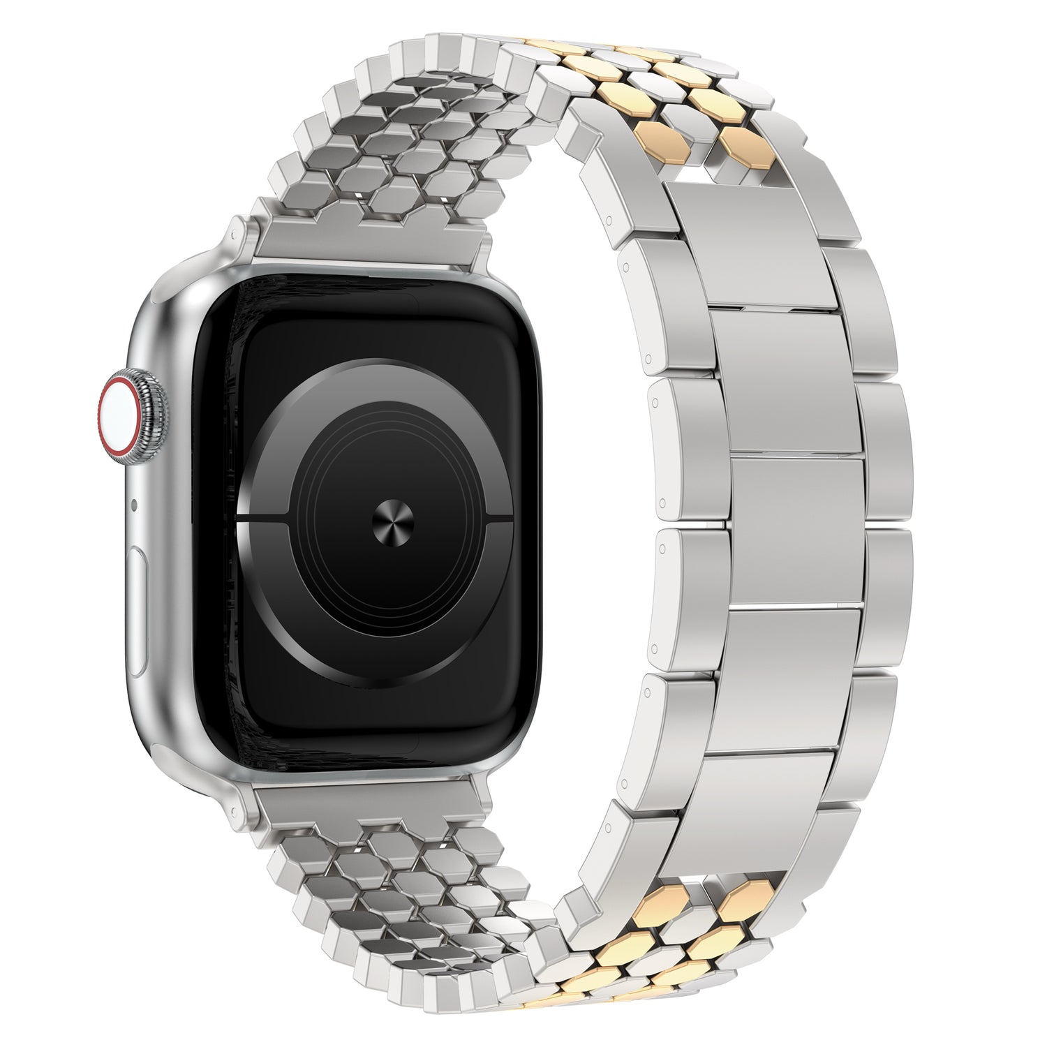 Das arktisband Apple Watch Edelstahl Armband "Polaris" von arktisband, in Silber und Gold, ist für eine perfekte Passform verstellbar und wird an einer Smartwatch mit schwarzem Bildschirm auf weißem Hintergrund befestigt.