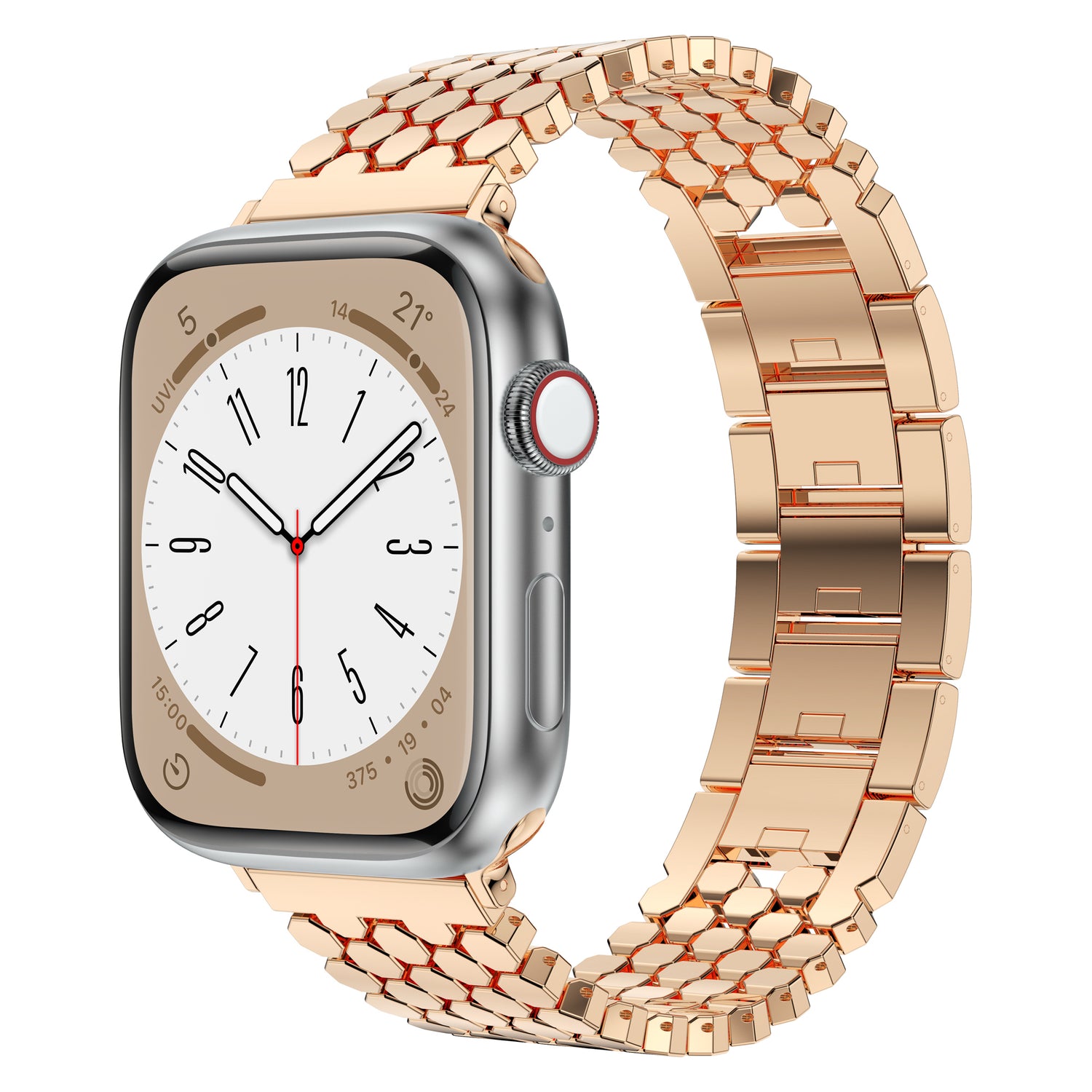 Das arktisband Apple Watch Edelstahl Armband "Polaris" in Gold bietet ein modernes Display im Analog-Stil und ein verstellbares Band, das für eine perfekte, anpassbare Passform an jedem Handgelenk sorgt.