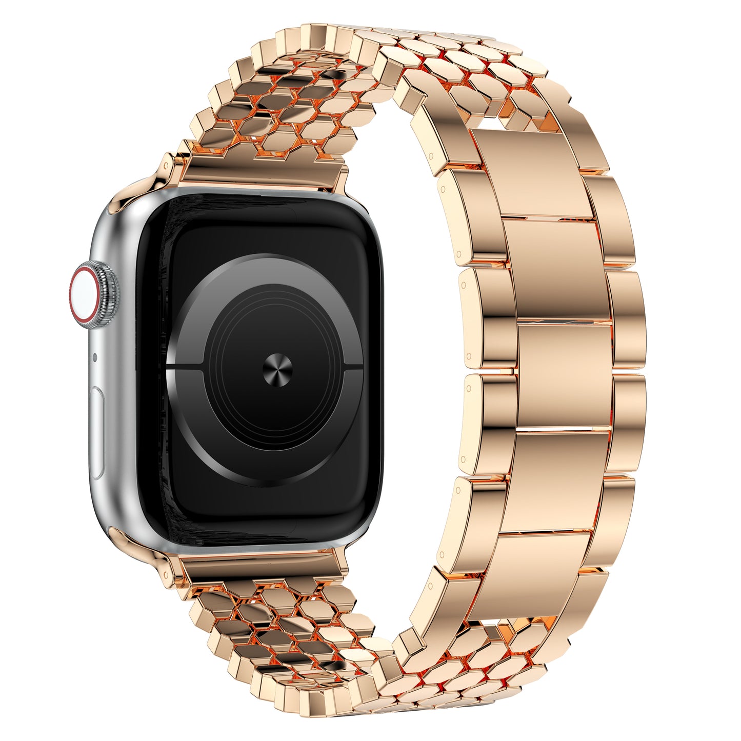 Das arktisband Apple Watch Edelstahl Armband "Polaris" ist ein stilvolles, verstellbares roségoldenes Metallgliederband von arktisband, das sich vor einem weißen Hintergrund präsentiert.