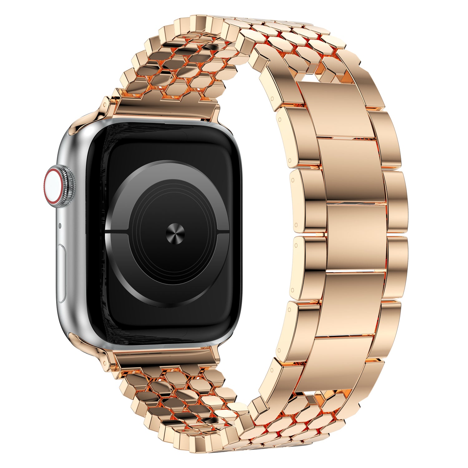 Das arktisband Apple Watch Edelstahl Armband "Polaris" ist ein stilvolles, verstellbares roségoldenes Metallgliederband von arktisband, das sich vor einem weißen Hintergrund präsentiert.