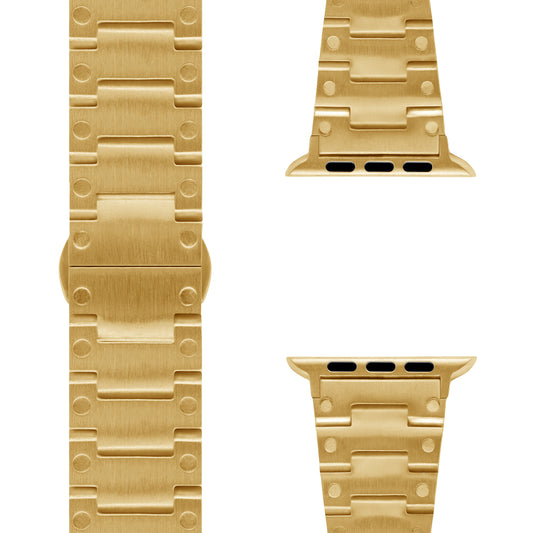 Das arktisband Apple Watch Edelstahlarmband „Invictus“ verfügt über ein gebürstetes Gold-Finish und einen Butterfly-Verschluss, montiert und als zwei separate Anschlüsse dargestellt.