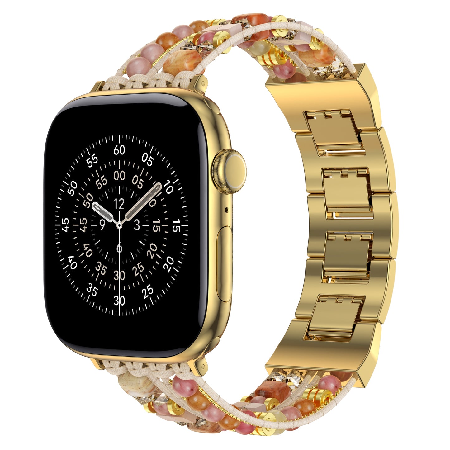 Das arktisband Apple Watch Armband "Sunset Spirit" ist ein goldenes Smartwatch-Band mit Perlen- und Metallarmband, das über einen Edelstahladapter und eine analoge Ziffernblattanzeige verfügt.