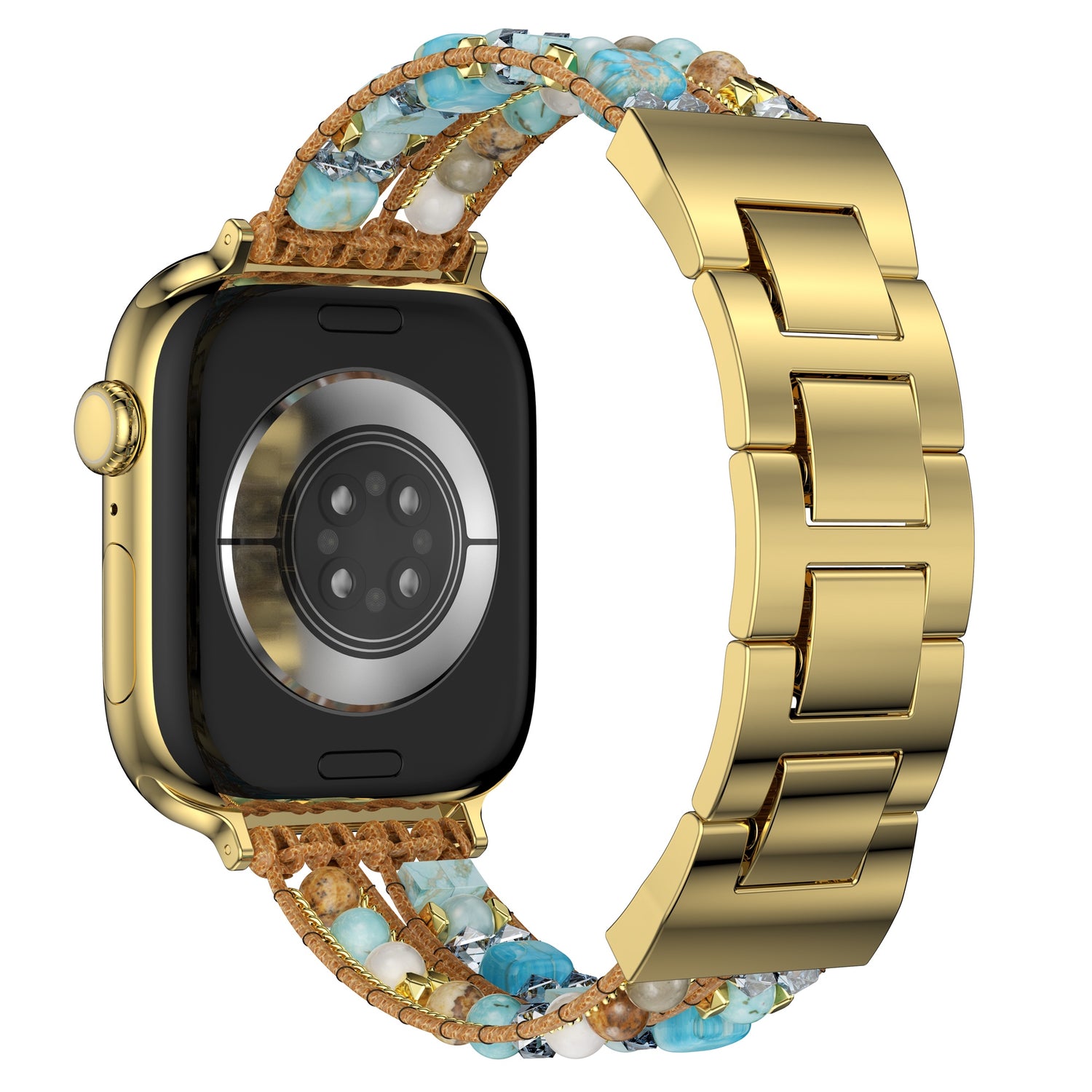 Das arktisband Apple Watch Armband "Sunset Spirit" besteht aus einem goldenen Smartwatchband mit blauen und weißen Perlen, goldenen Gliedern und einem Edelstahladapter. Kompatibel mit Apple Watch. Marke: arktisband. Abgebildet von hinten.