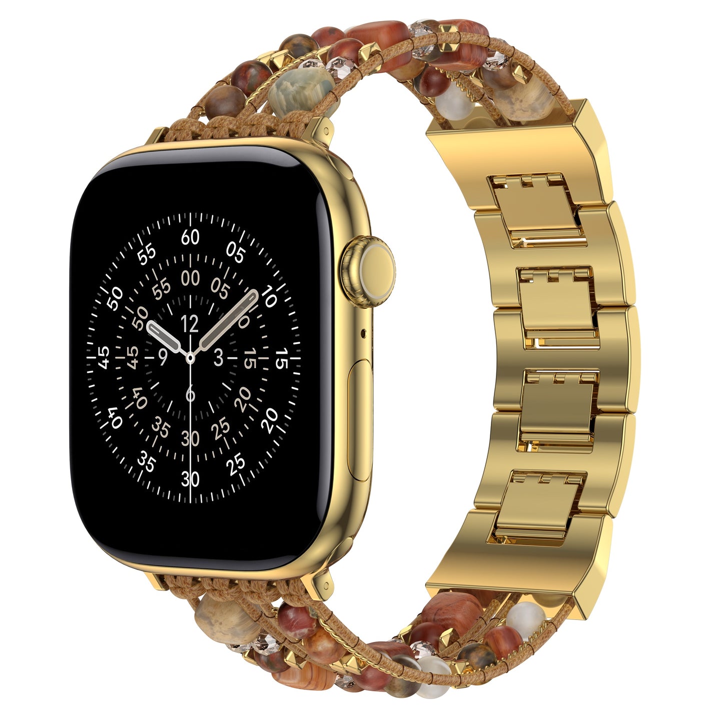 Das arktisband Apple Watch Armband "Sunset Spirit" von arktisband kombiniert die runde Analoganzeige einer goldenen Smartwatch mit einem einzigartigen Boho-Armband aus Perlen und goldenen Metallgliedern für einen eleganten Look.