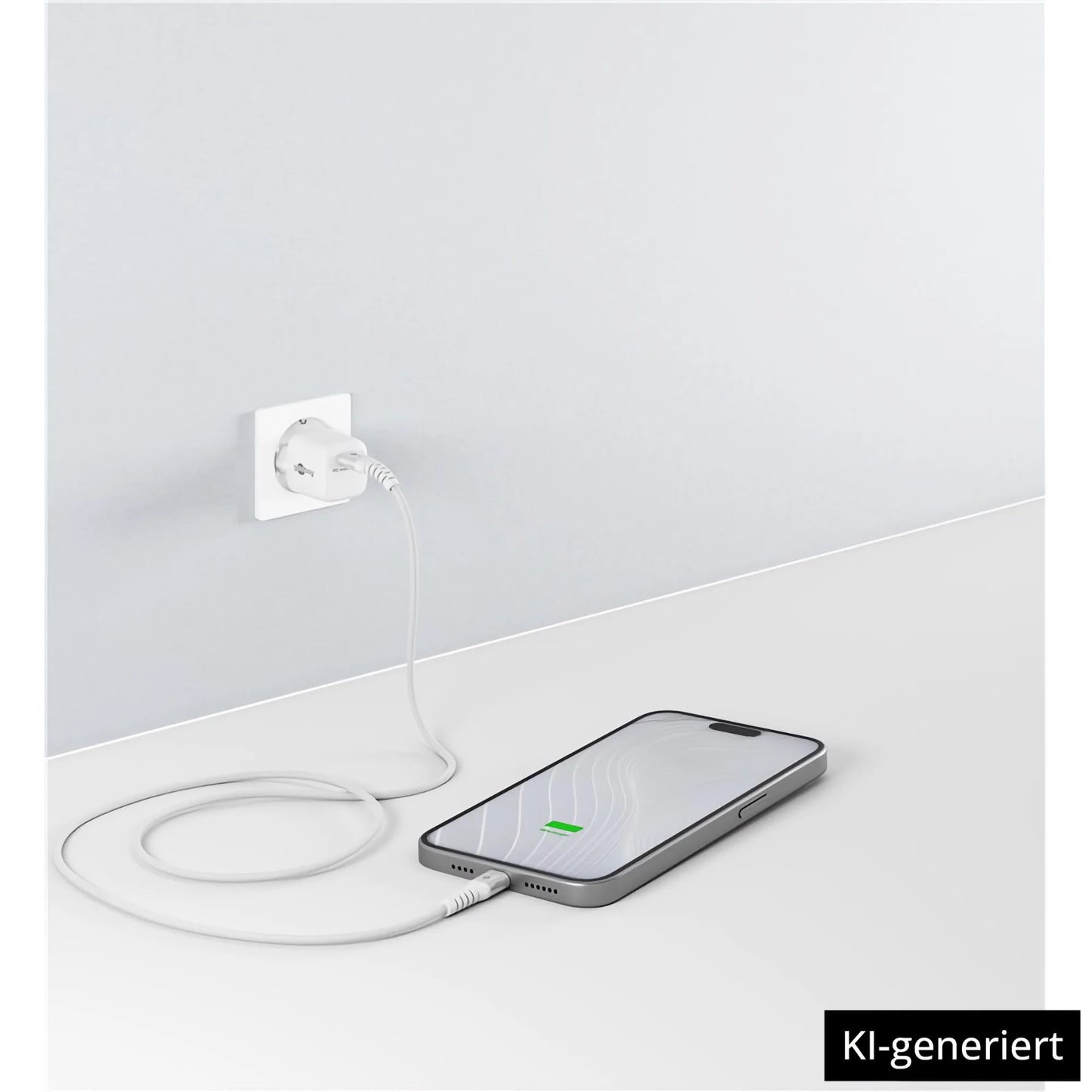 Ein Smartphone wird auf einer weißen Oberfläche geladen, die mit dem Goobay USB-C auf USB-C Textilkabel mit Metallsteckern an eine Steckdose angeschlossen ist. KI-generiert.