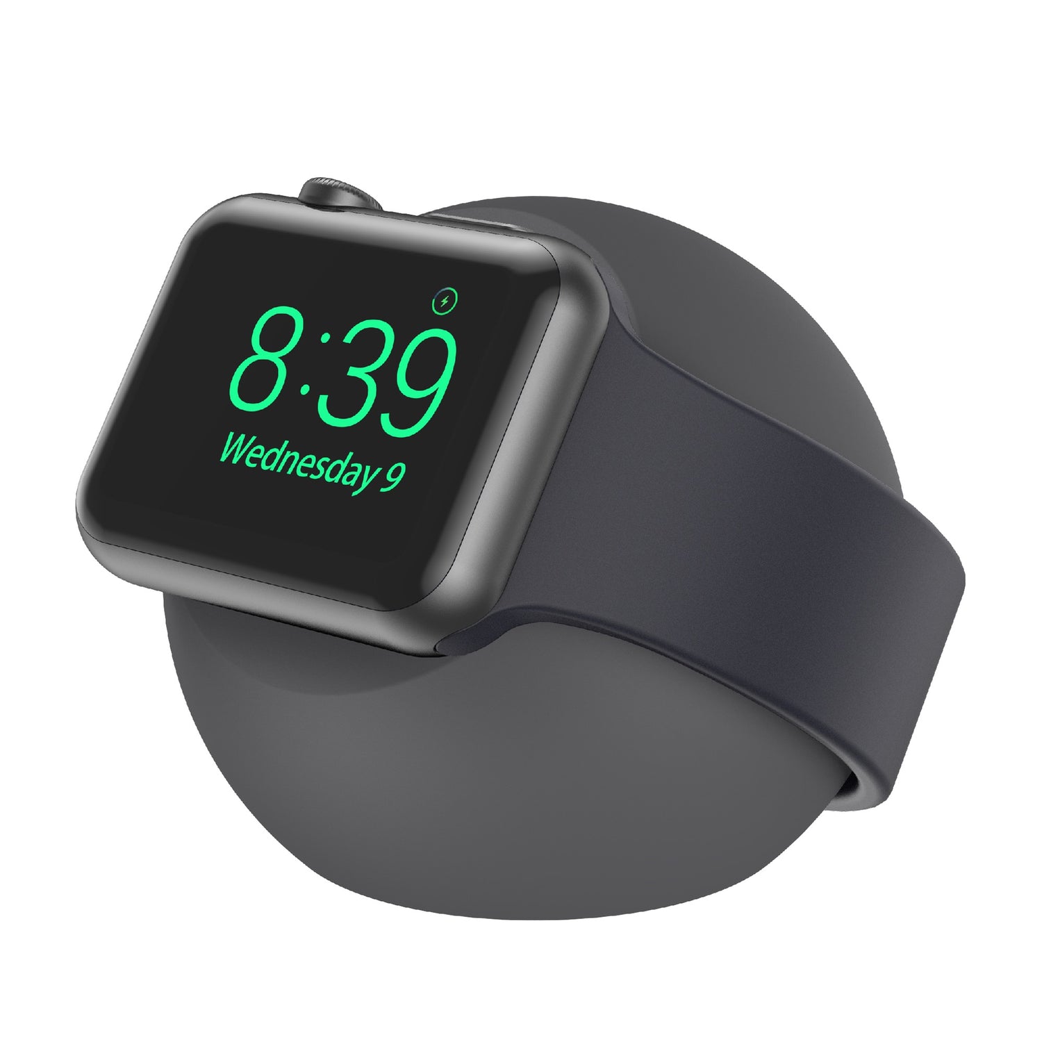 Auf der runden, schwarzen Ladestation arktis Apple Watch Orbit Stand von arktis ruht eine schwarze Smartwatch mit der Anzeige 8:39.