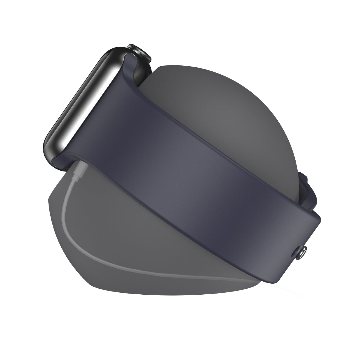 Eine Smartwatch mit dunklem Band ruht auf dem arktis Apple Watch Orbit Stand von arktis und dient als kabellose Ladestation.