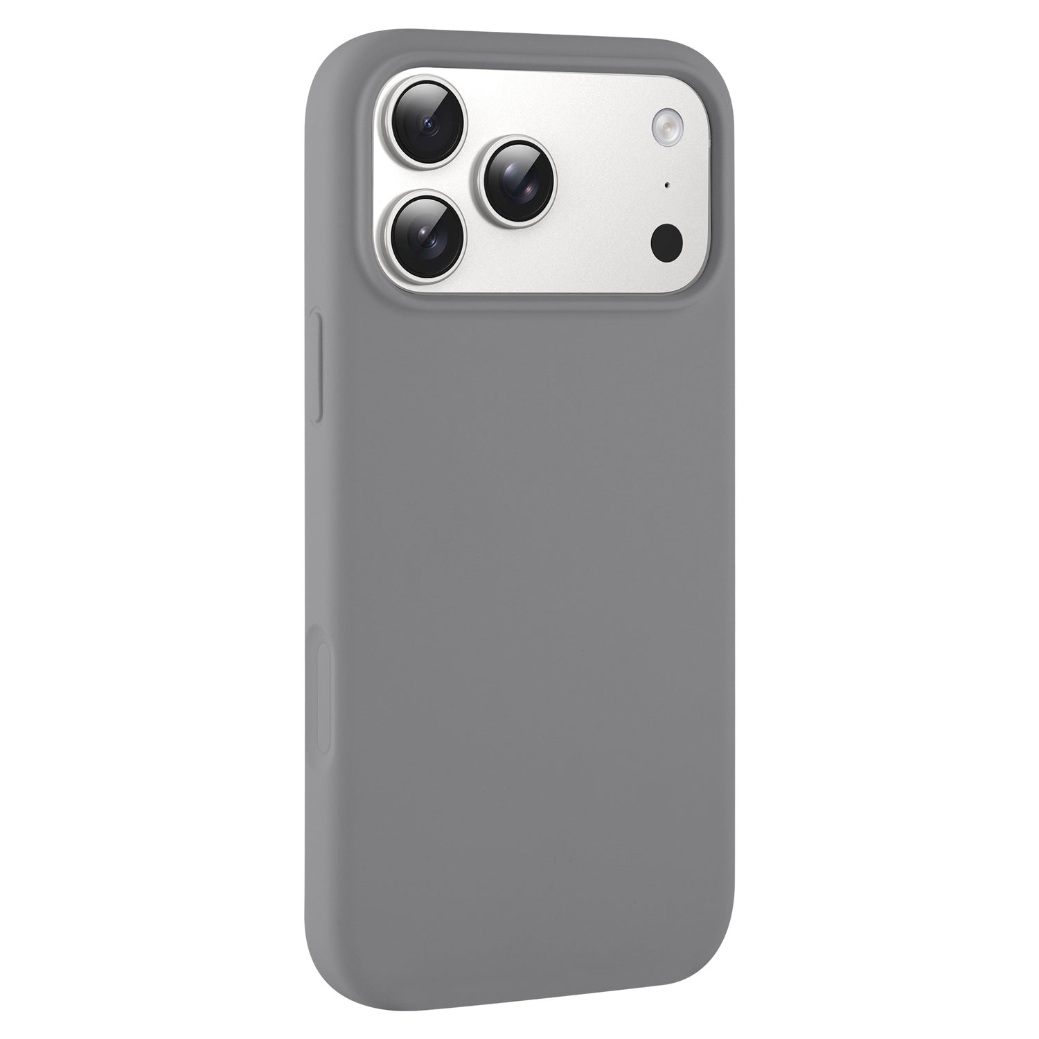 Das arktis iPhone 17 Pro Silikon Case in Grau passt perfekt und unterstützt kabelloses Aufladen; es hebt drei rückwärtige Kameras sowie einen Blitz hervor.