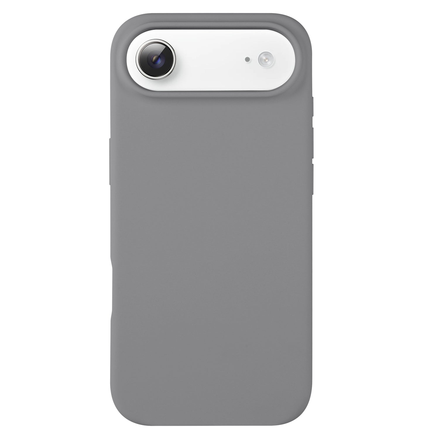 Das arktis iPhone Air Silikon Case in grau verfügt über einen Kamera- und Blitzausschnitt in der linken oberen Ecke und unterstützt kabelloses Laden.