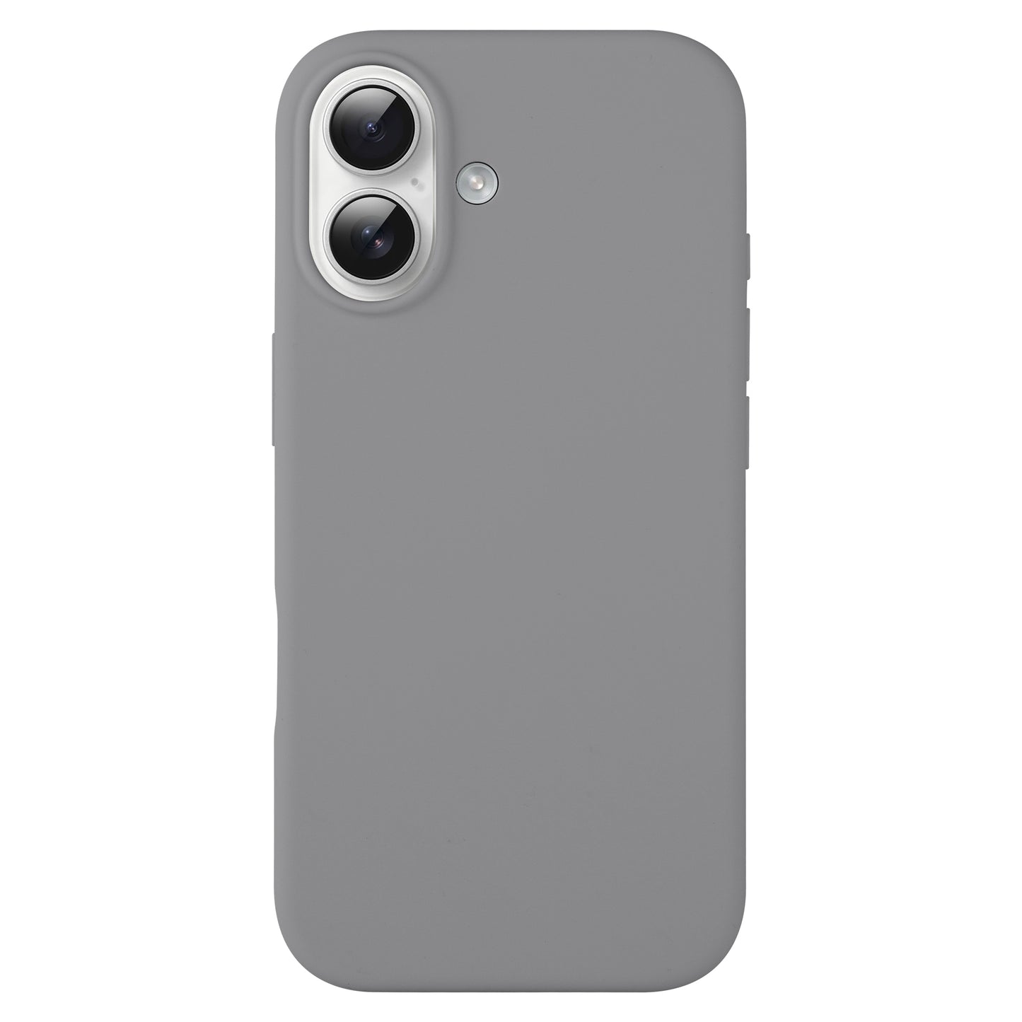 Ein graues Smartphone mit kabellosem Laden, Dual-Lens-Kamera und Rückseiten-Blitz auf weißem Hintergrund-ideal mit der arktis iPhone 17 Silikon Case kombiniert.
