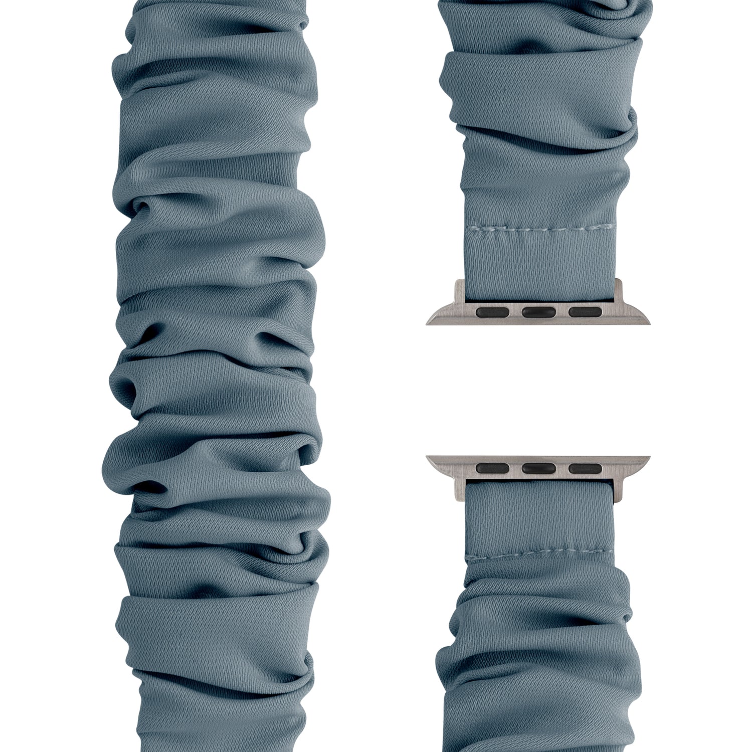 Das arktisband Apple Watch Armband "Elanora" von arktisband ist ein blaues Band aus dehnbarem Nylon mit einem silbernen Stecker, der aus drei Winkeln auf weißem Hintergrund dargestellt wird.