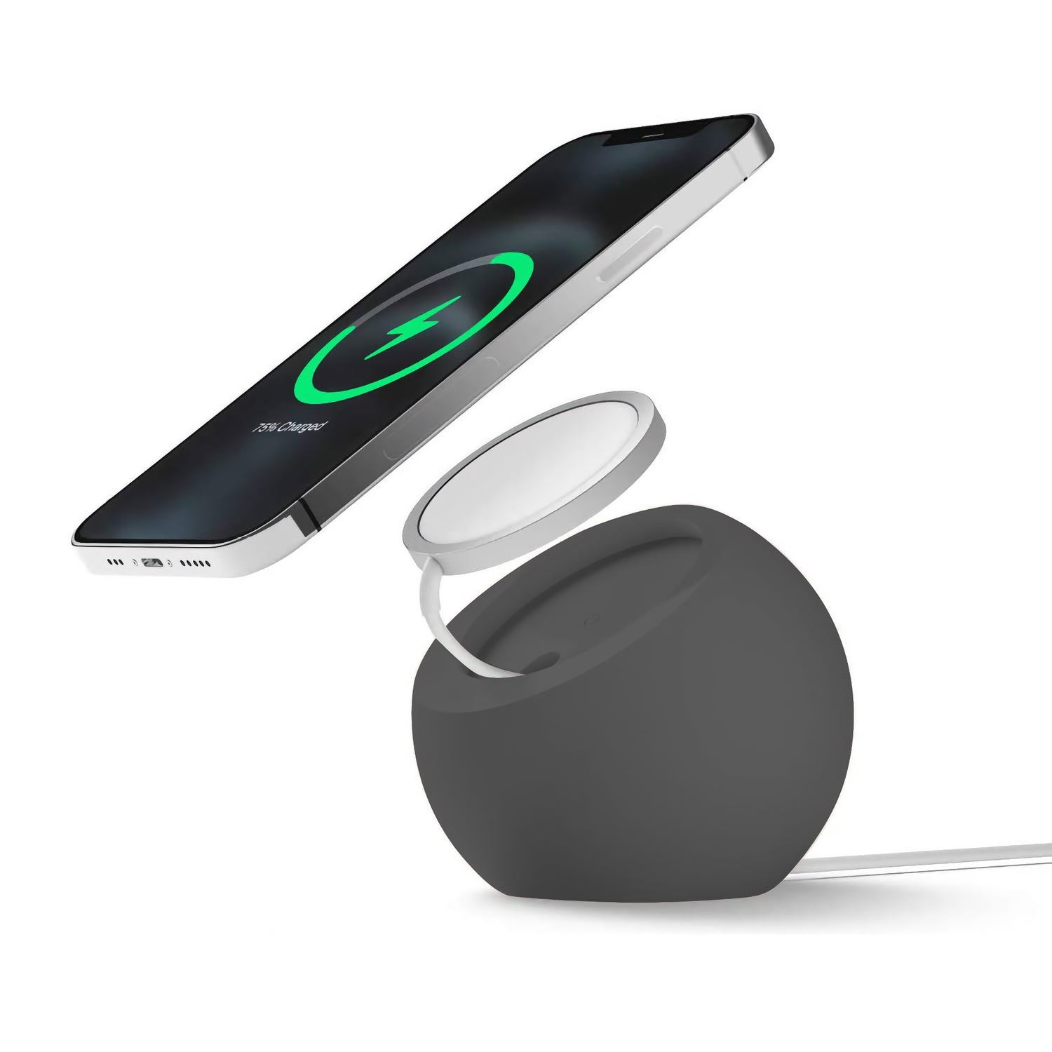 Ein arktis Smartphone schwebt über dem arktis MagSafe Orbit Stand und zeigt eine Ladeanimation auf seinem Bildschirm, um das mühelose kabellose Laden zu verdeutlichen.